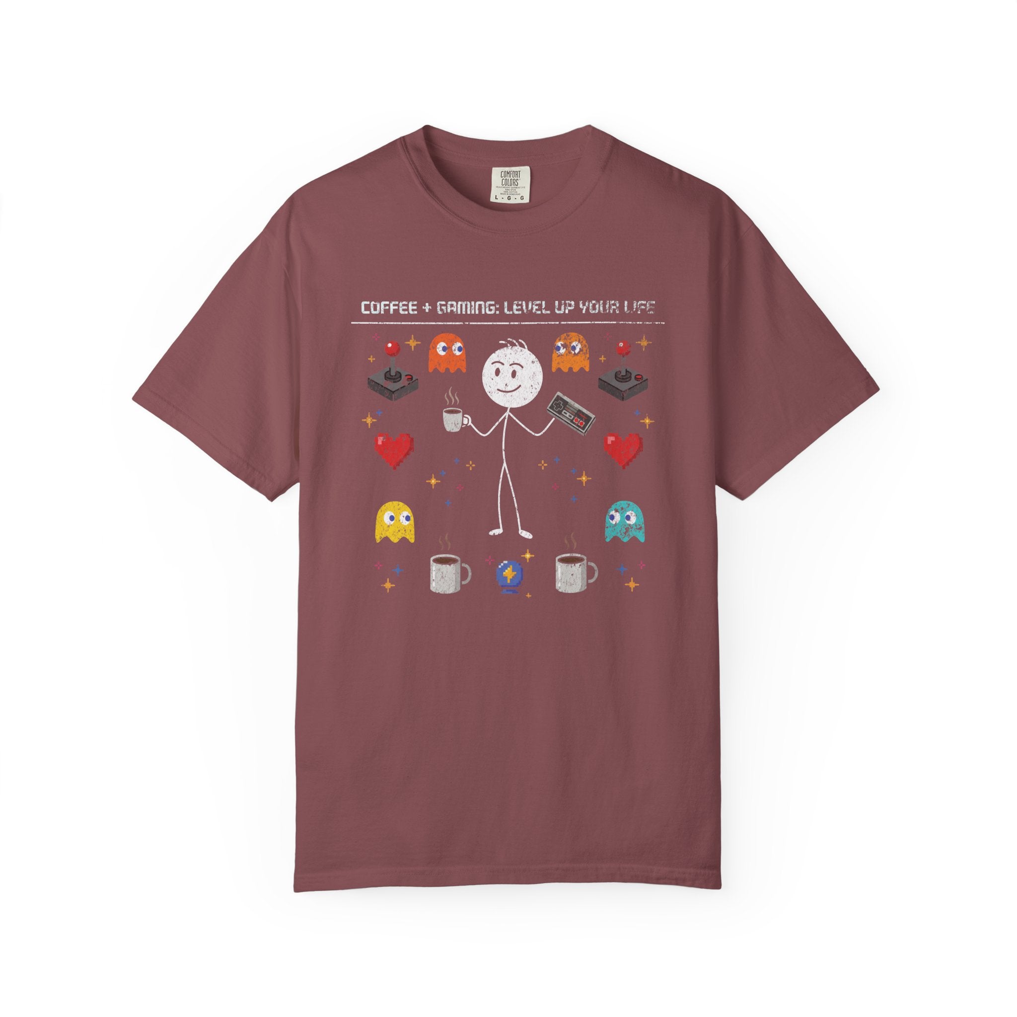 Maroon t-shirt with a distressed graphic of a stick figure, gaming icons, and coffee mugs.