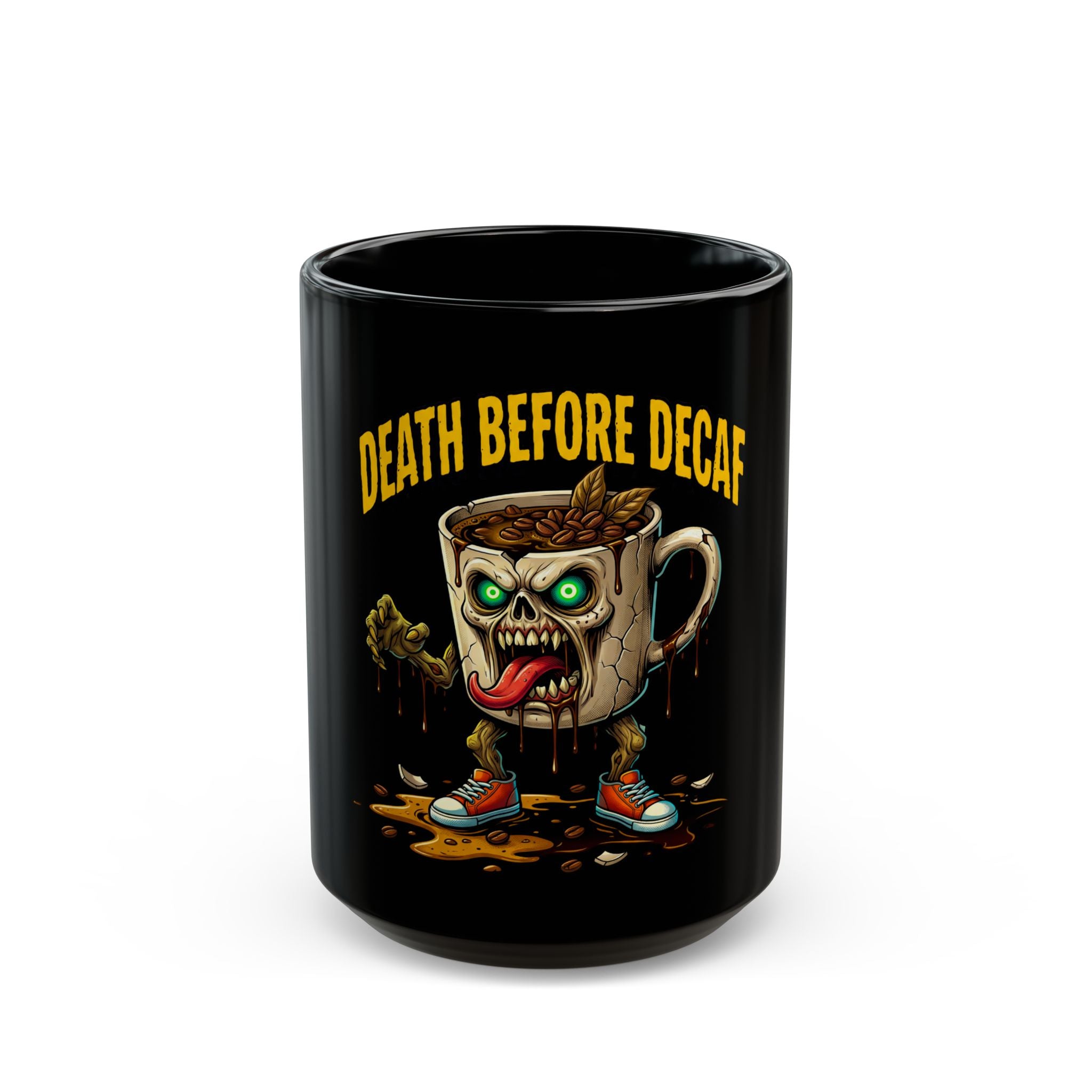 Black ceramic coffee mug featuring a zombie coffee cup character with the text Death Before Decaf.