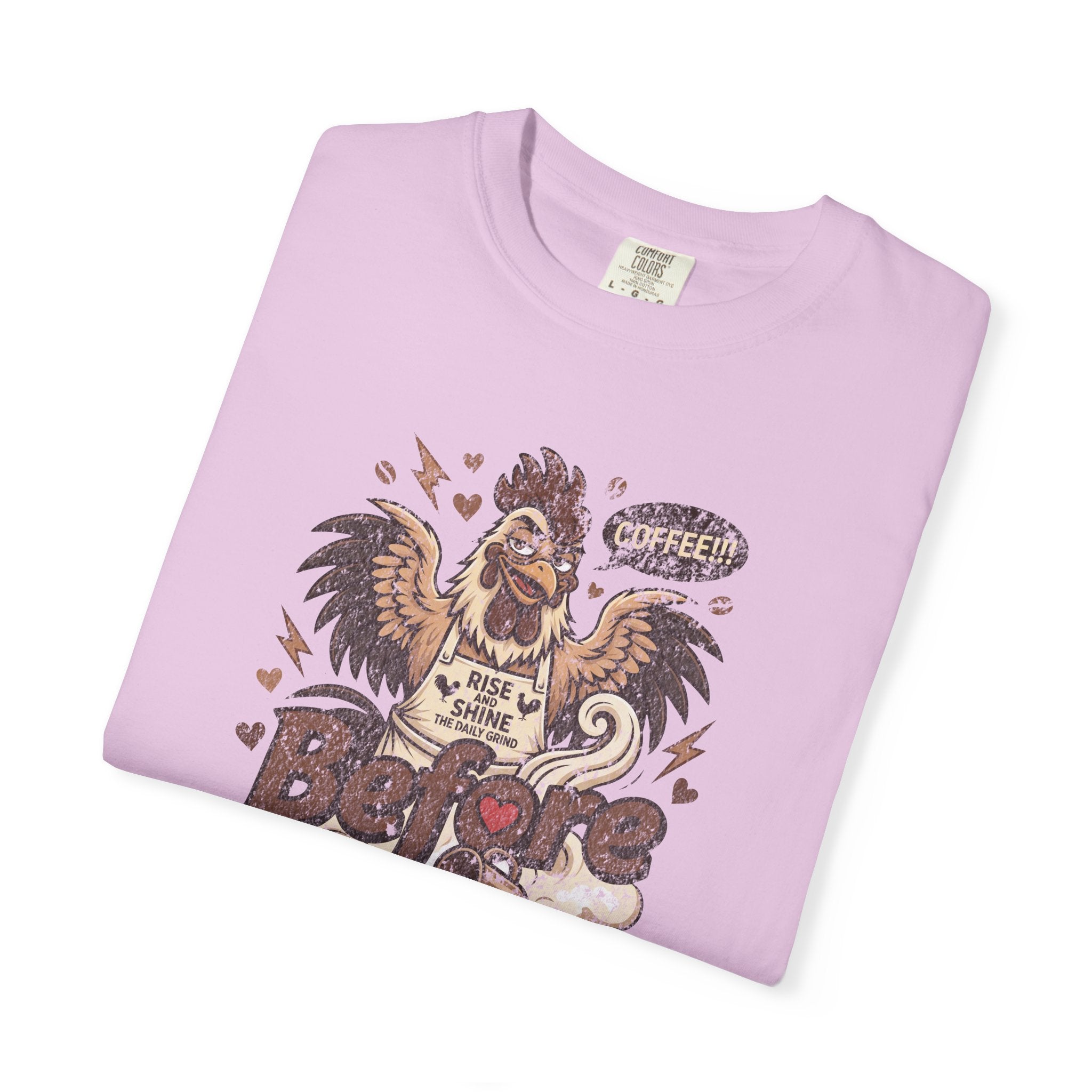Light pink unisex cotton t-shirt featuring a distressed graphic of a rooster wearing an apron.