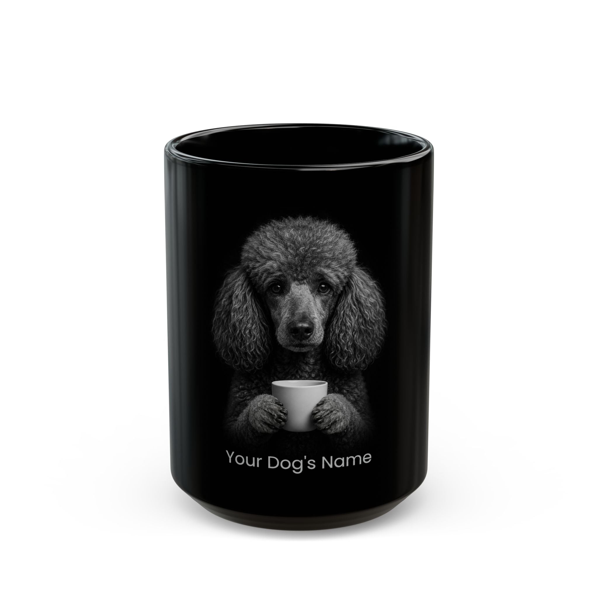 Personalized Standard Poodle black ceramic coffee mug with custom dog name