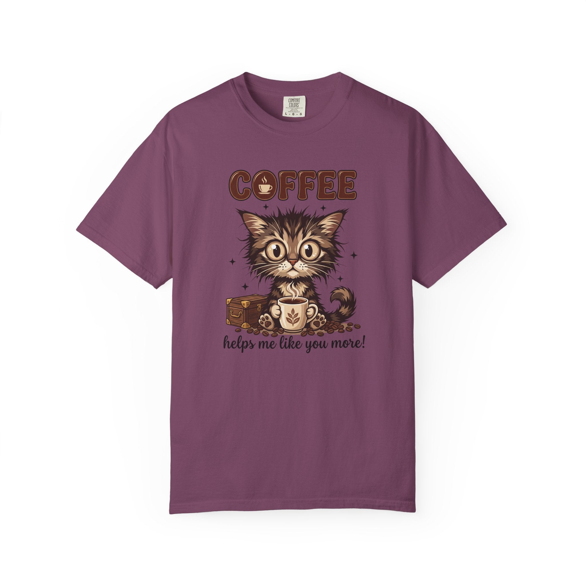 A purple unisex t-shirt featuring a cute kitten holding a coffee mug with the text Coffee helps me.