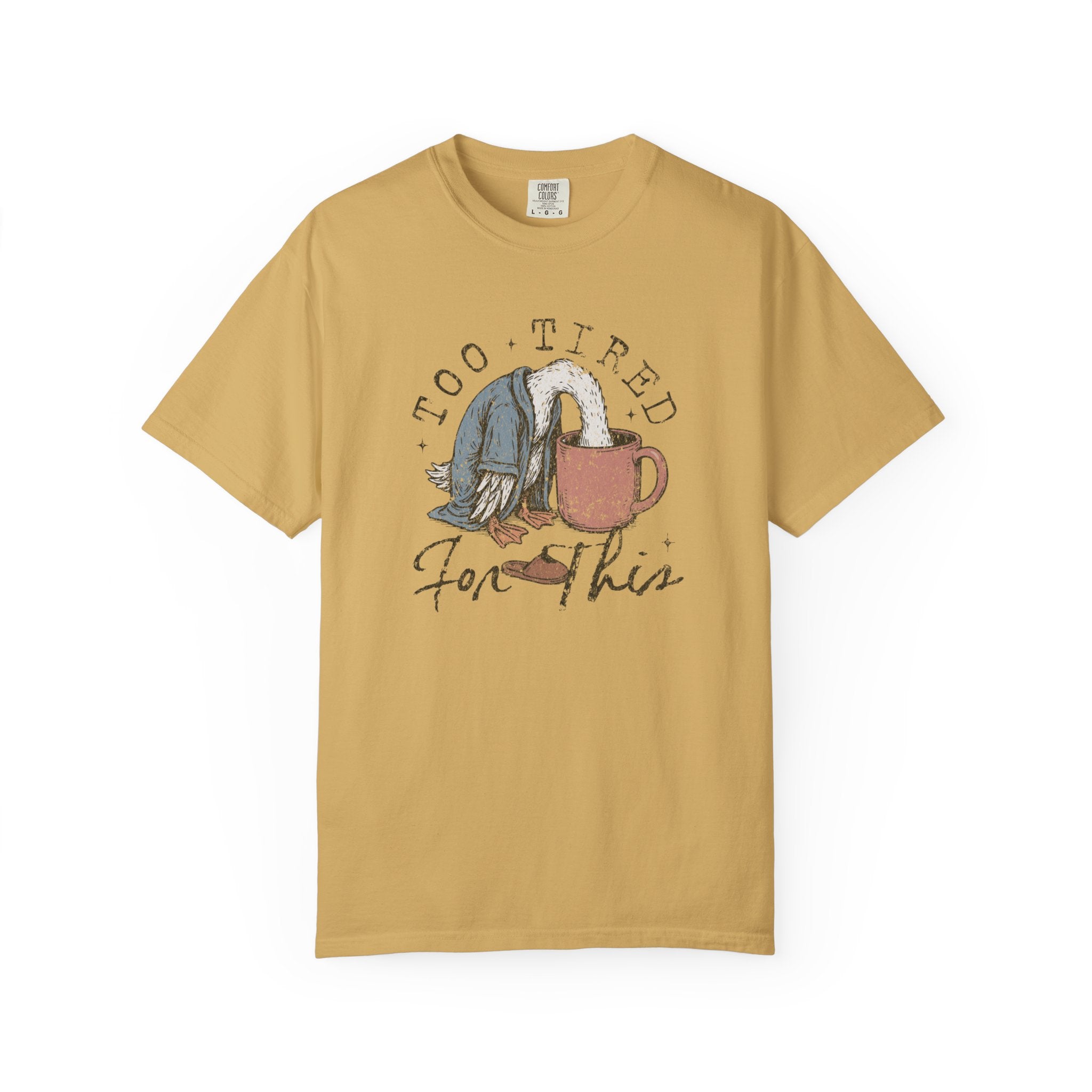 Mustard yellow unisex t-shirt with a graphic of a duck with its head in a coffee mug.