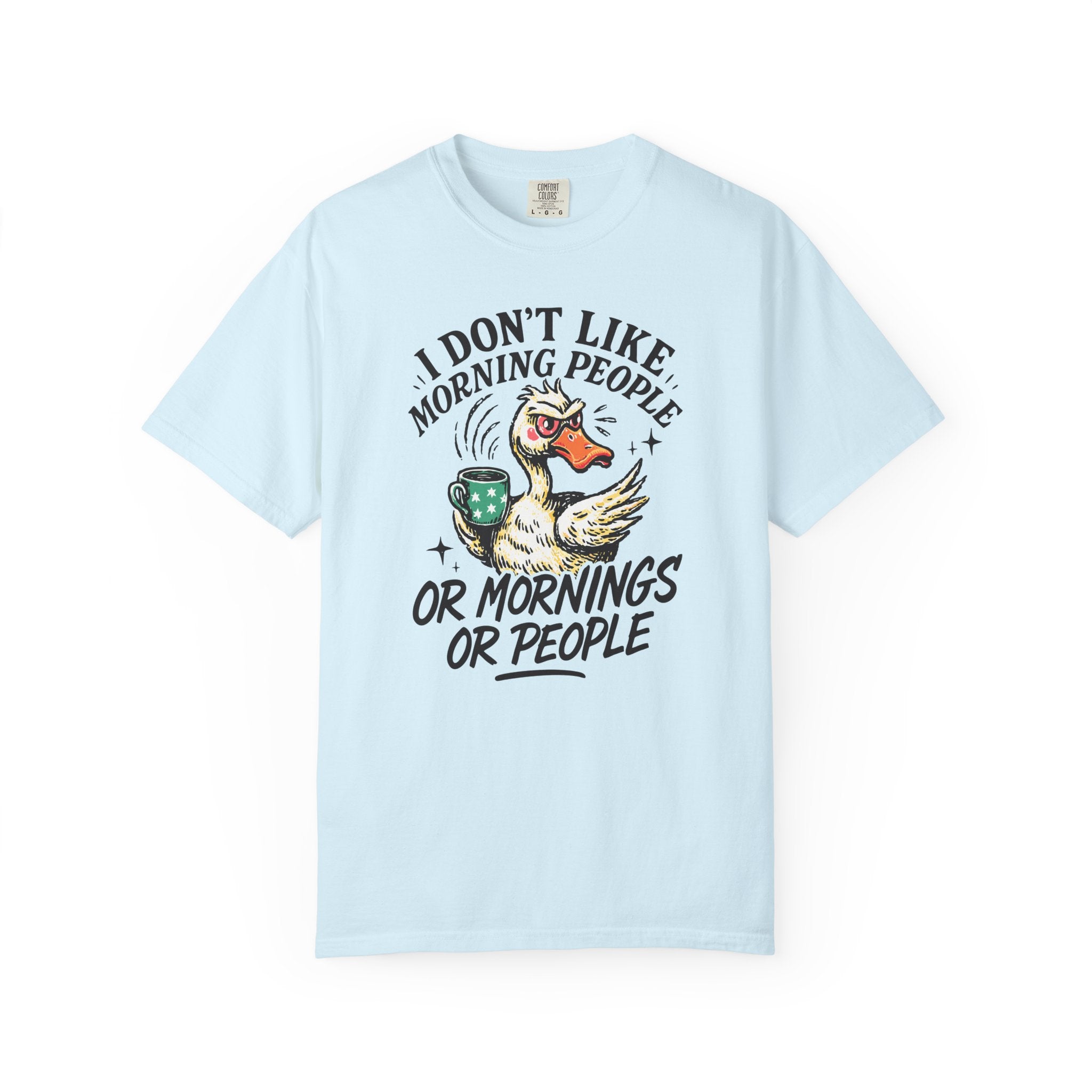 Light blue t-shirt with a graphic of an angry duck holding a coffee mug and humorous text.