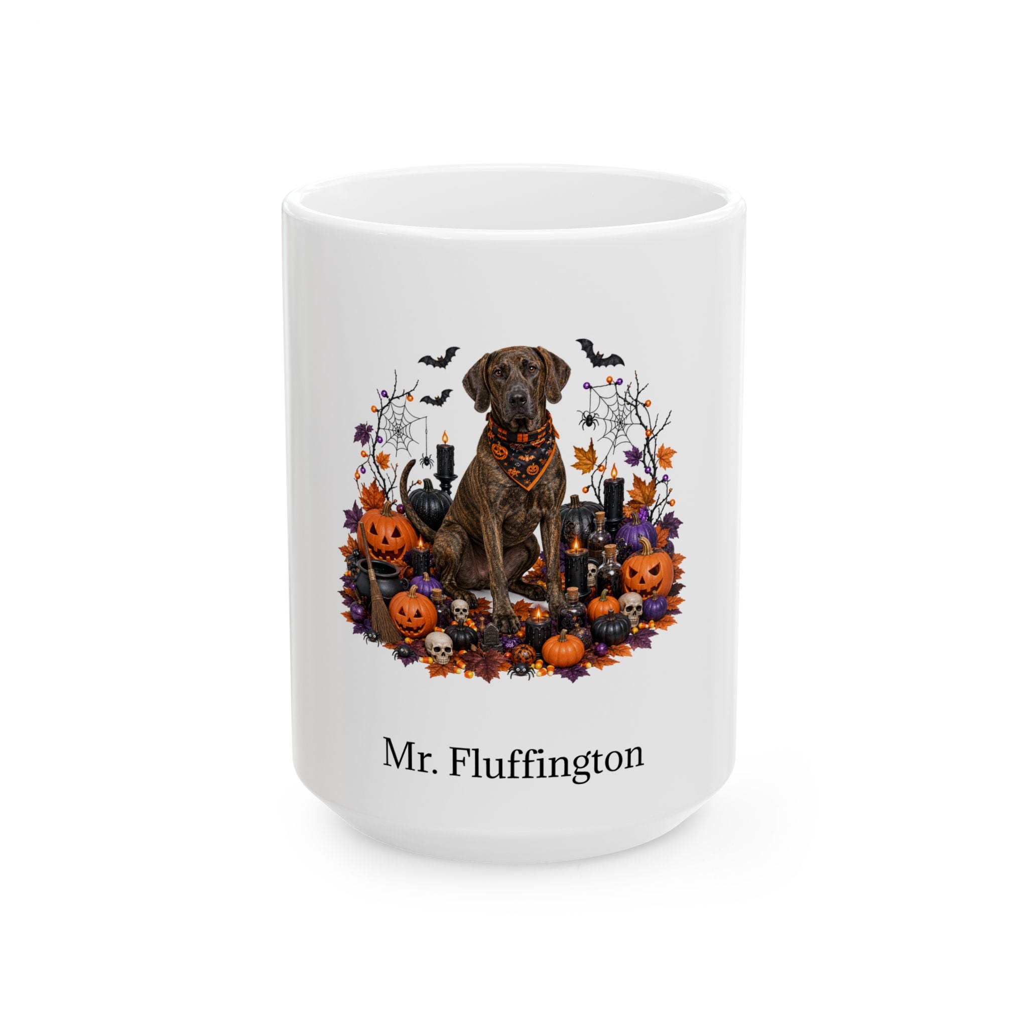 Personalized Plott Hound dog Halloween mug, 15oz white ceramic, with custom pet name on front