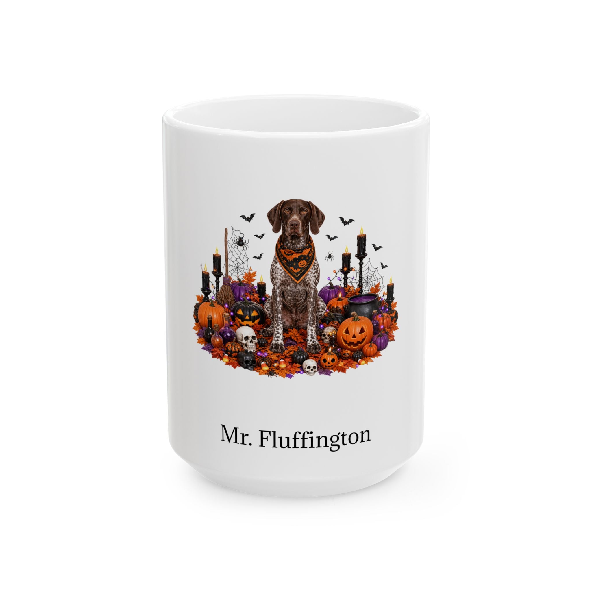 Personalized German Shorthaired Pointer dog Halloween mug, 11oz white ceramic, with custom pet name on front