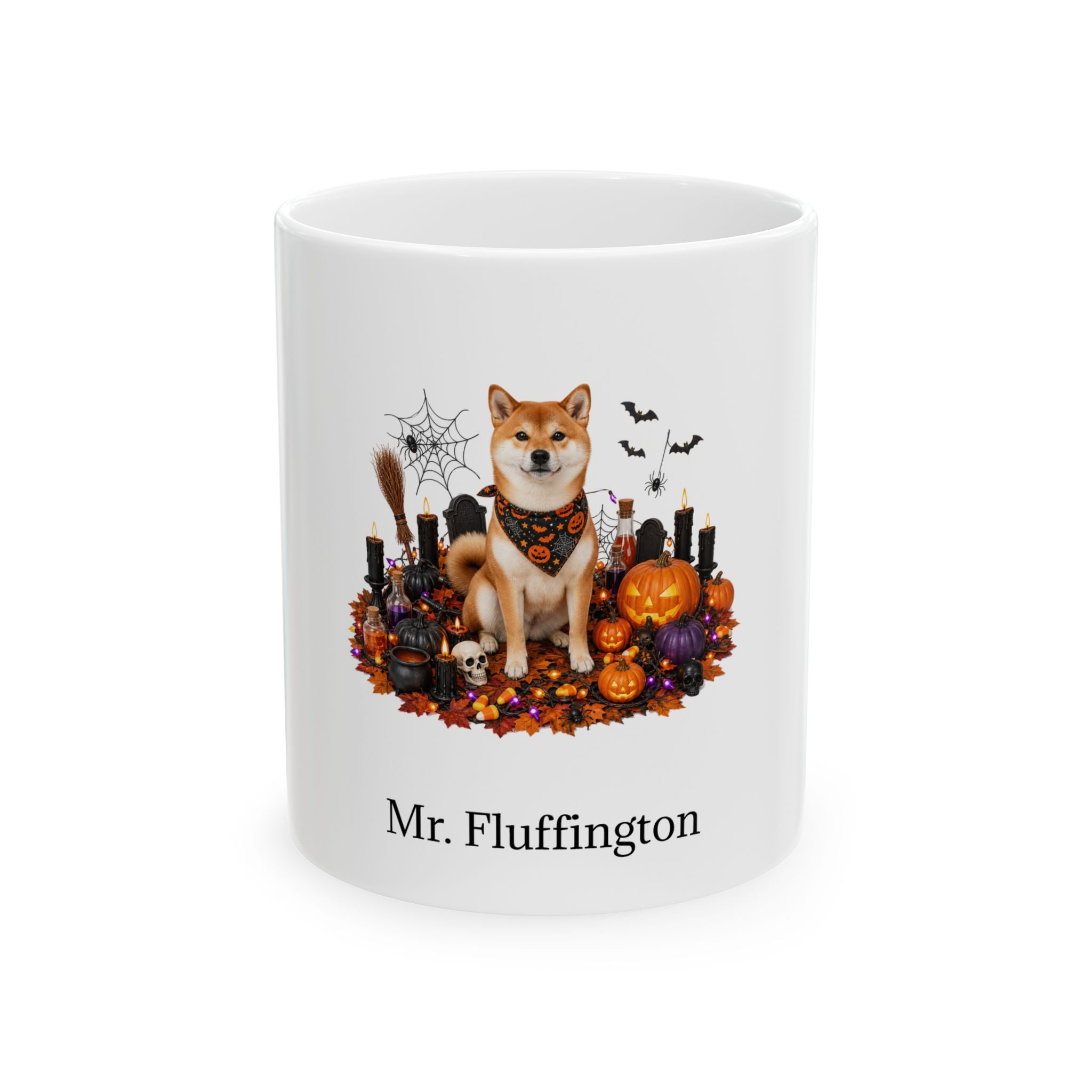 Personalized Shiba Inu dog Halloween mug, 11oz white ceramic, with custom pet name on front