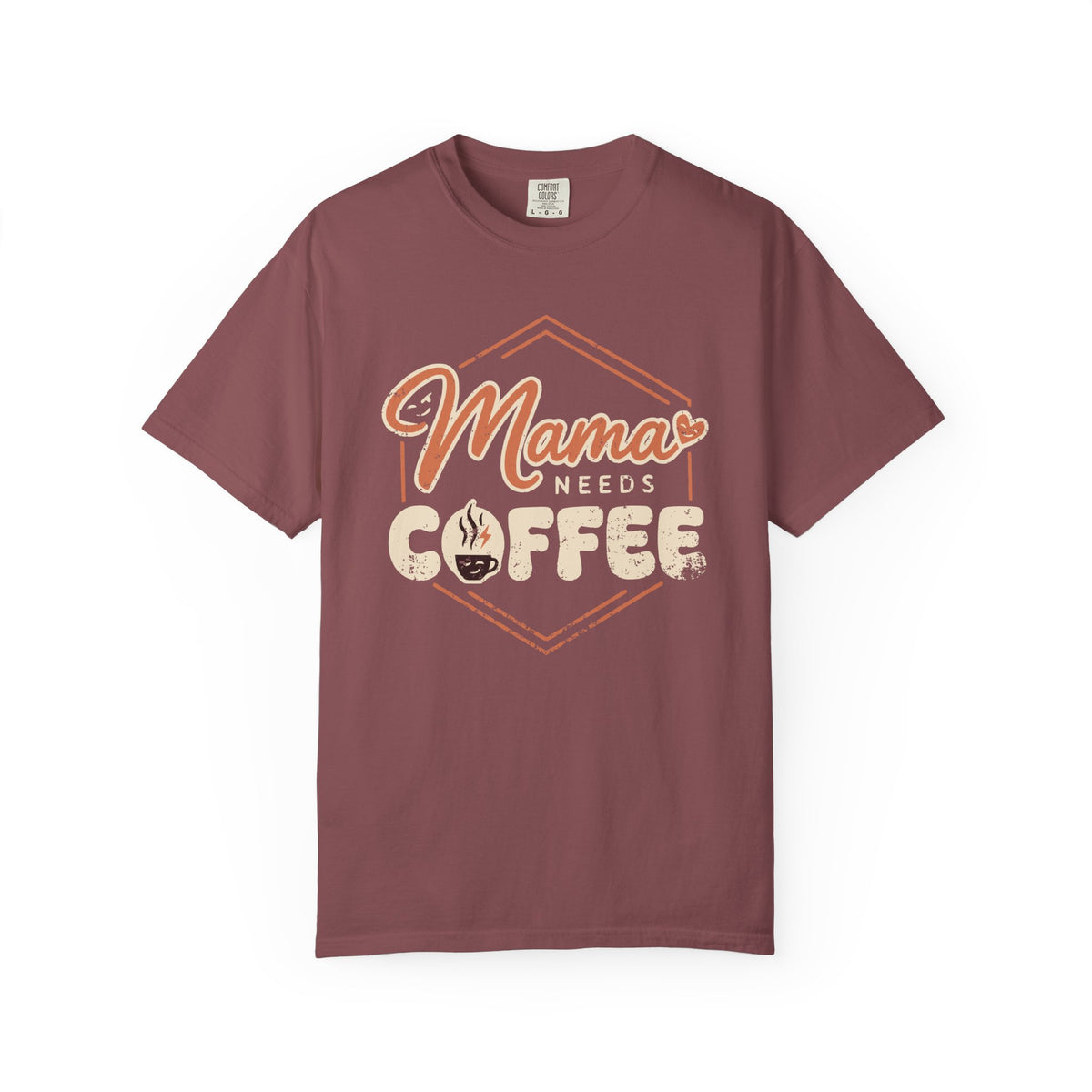 Front view of Brick Comfort Colors T-shirt with distressed Mama Needs Coffee artwork.