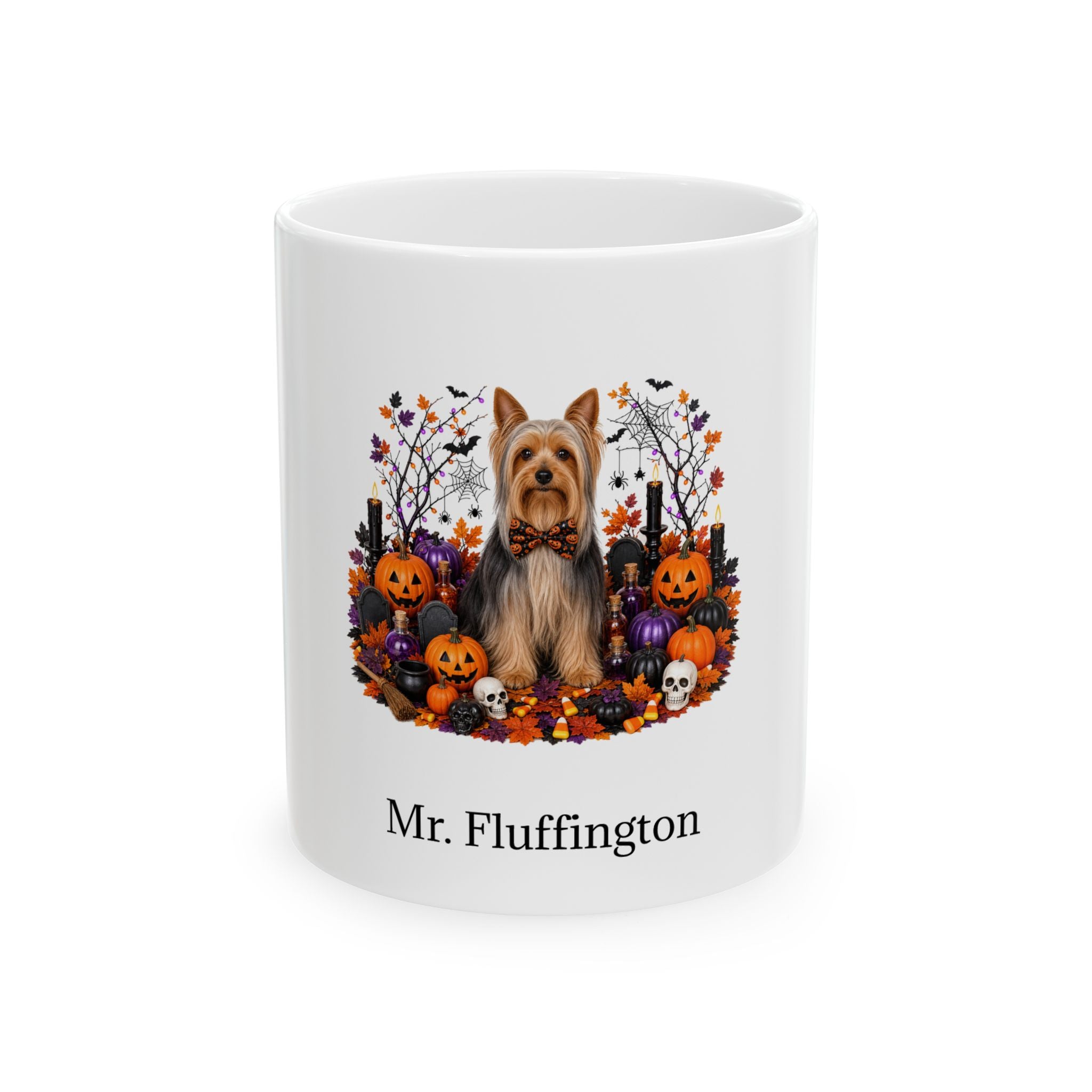 Personalized Silky Terrier dog Halloween mug, 11oz white ceramic, with custom pet name on front