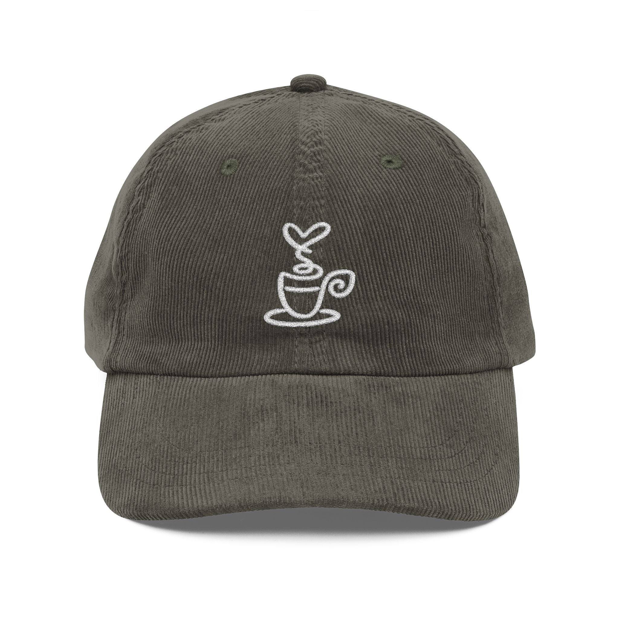 A dark grey corduroy dad hat featuring a white embroidered coffee cup icon on the front.