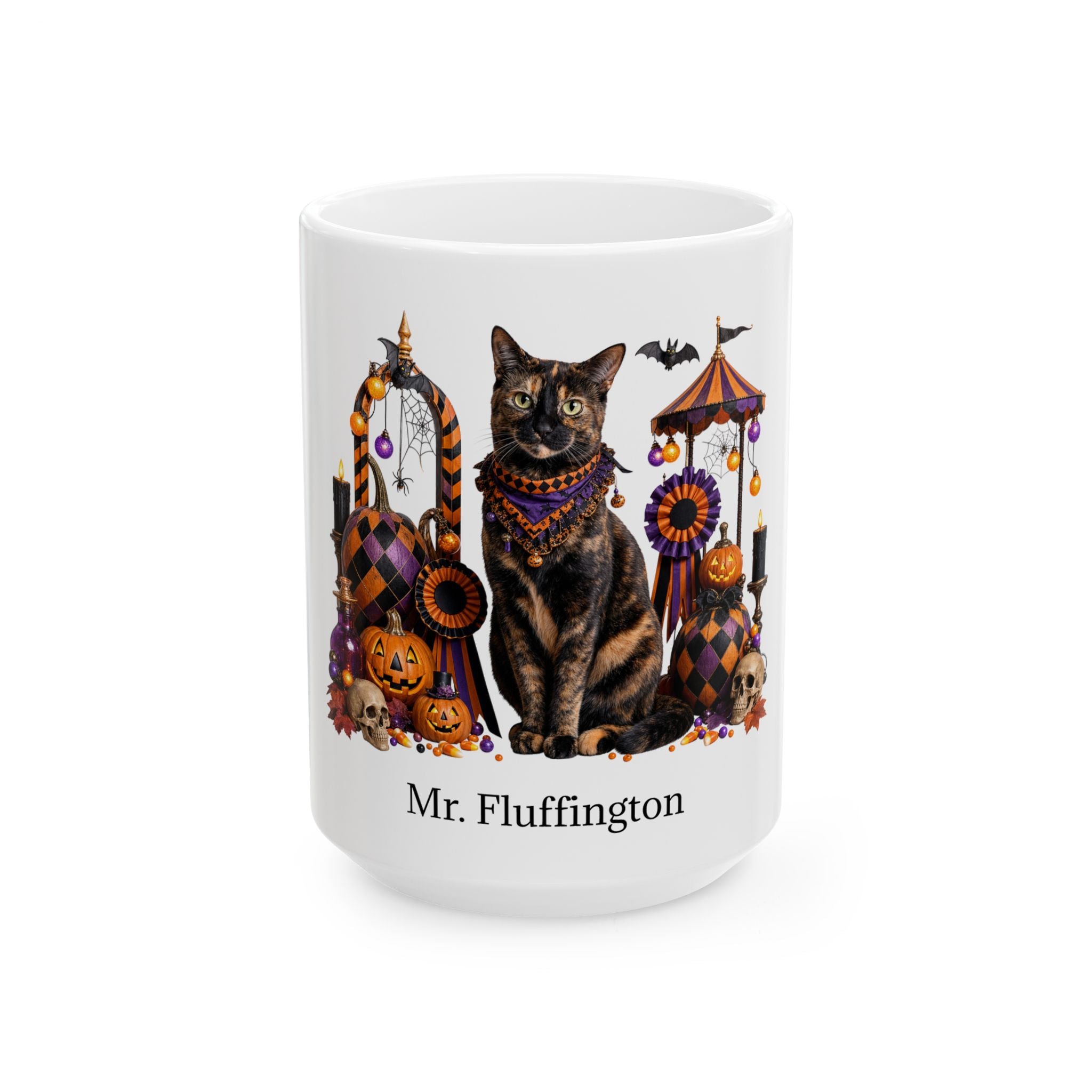 Angled Tortoiseshell cat Halloween mug with personalized pet name and fall design — image 3