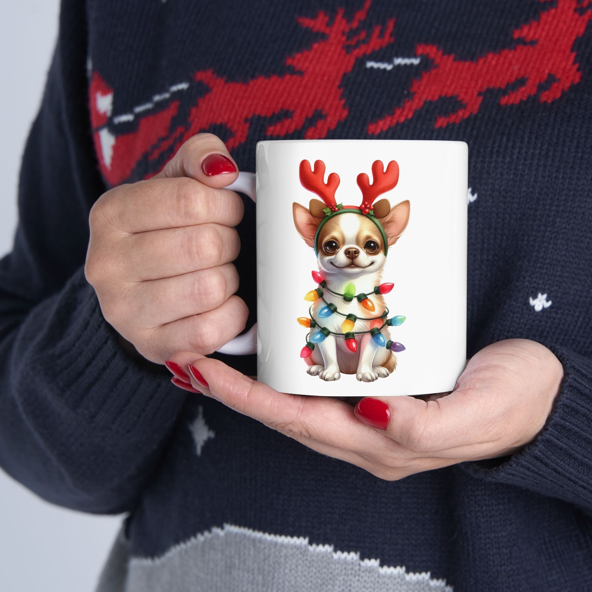 A person in a festive sweater holds a white mug with a chihuahua wearing reindeer antlers and Christmas lights.