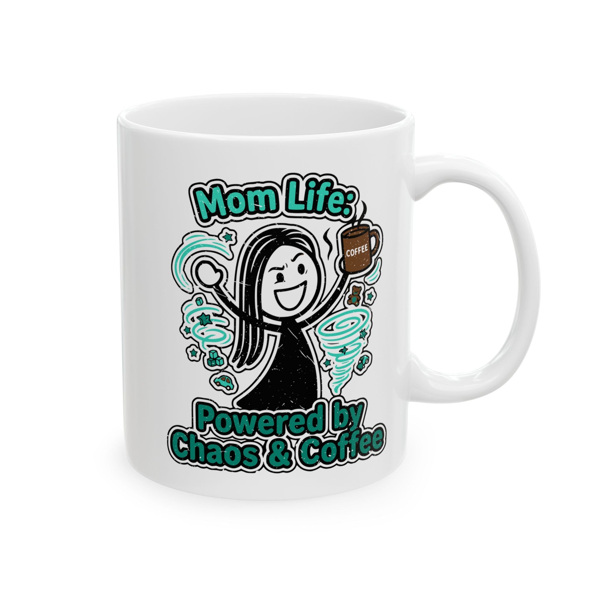A white ceramic mug featuring a distressed graphic of a woman surrounded by chaos and coffee.