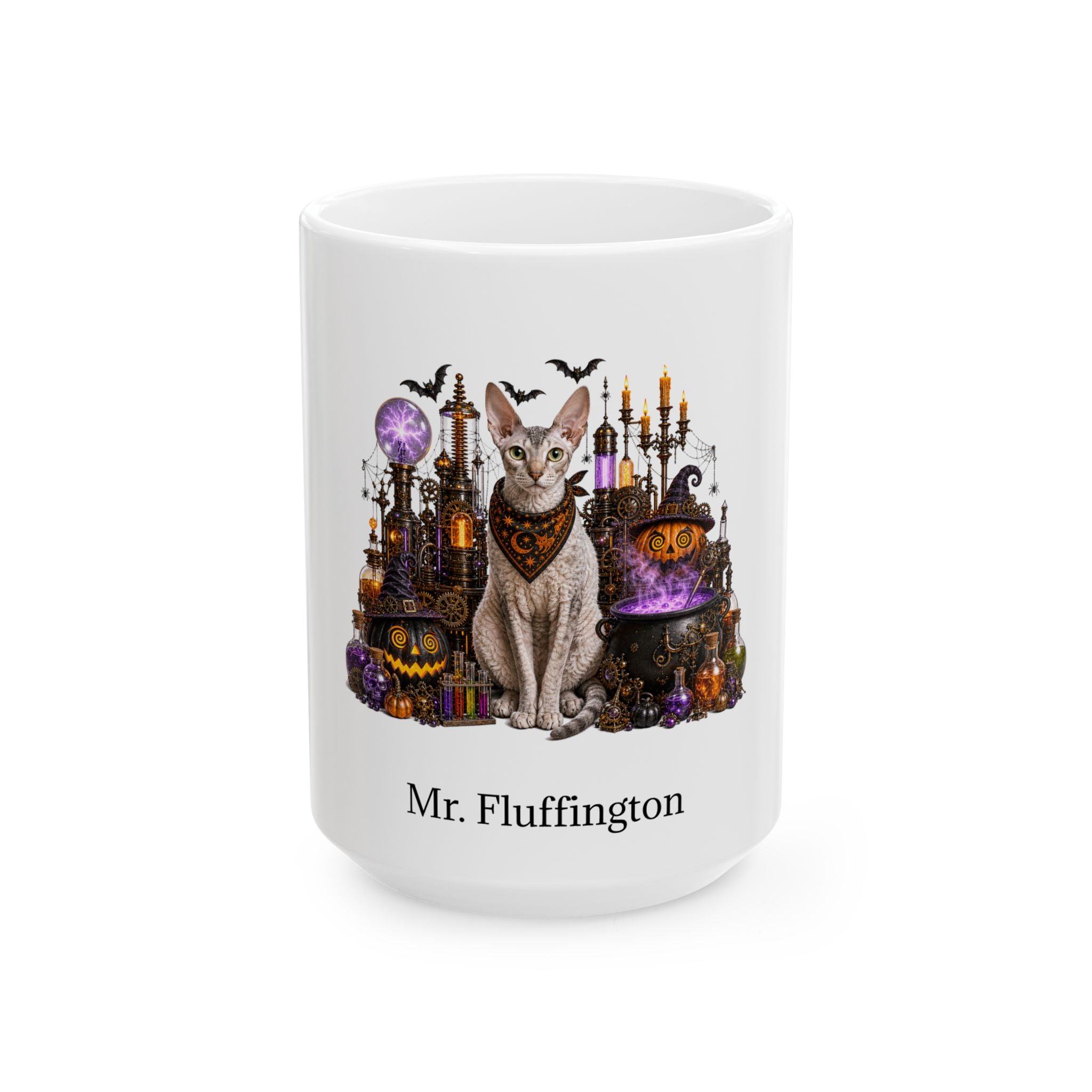 Personalized Cornish Rex cat Halloween mug, 15oz white ceramic, with custom pet name on front