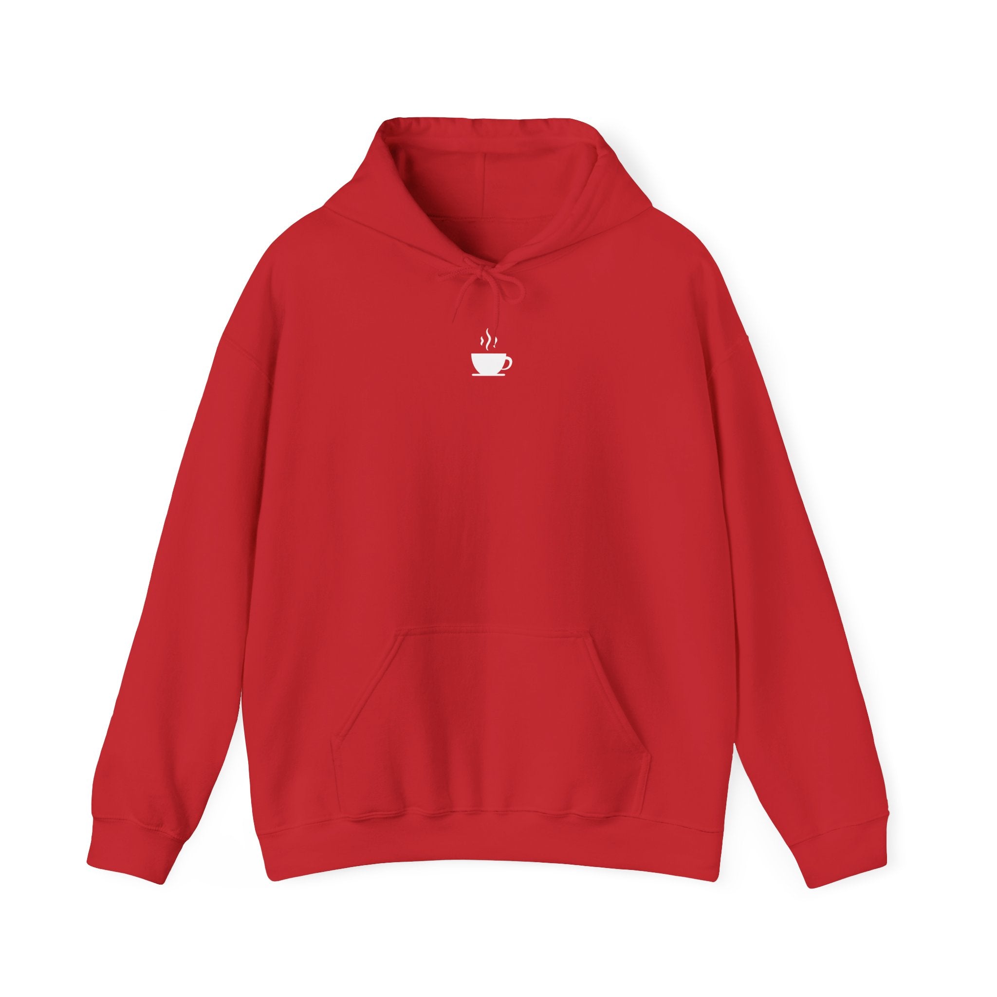 A red hooded sweatshirt featuring a small white coffee cup icon on the center chest.