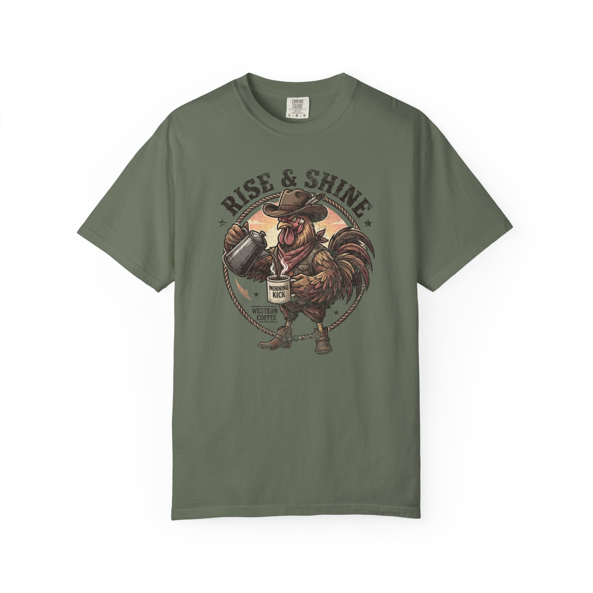 Olive green t-shirt featuring a graphic of a cowboy rooster pouring coffee into a mug.