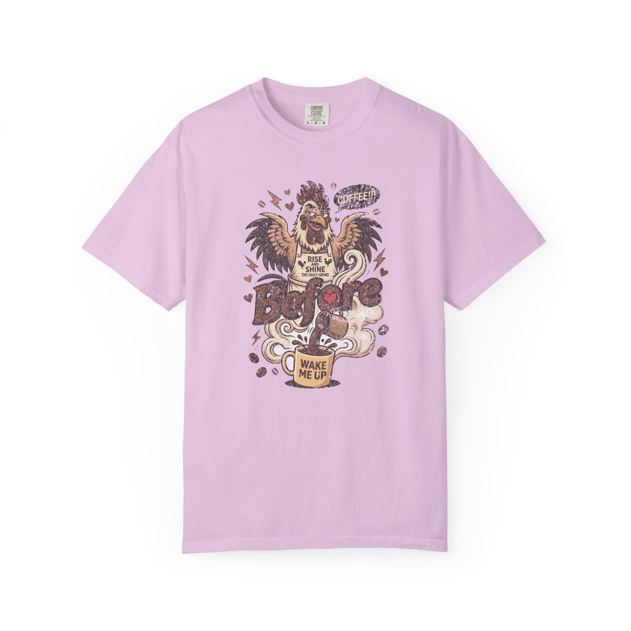 Light purple unisex cotton t-shirt featuring a distressed graphic of a rooster making coffee.
