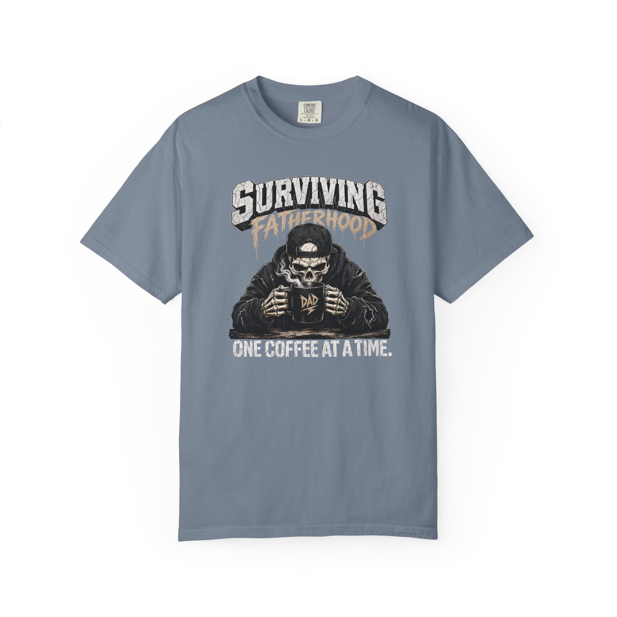 Blue-grey Comfort Colors unisex t-shirt with a skeleton graphic drinking coffee.