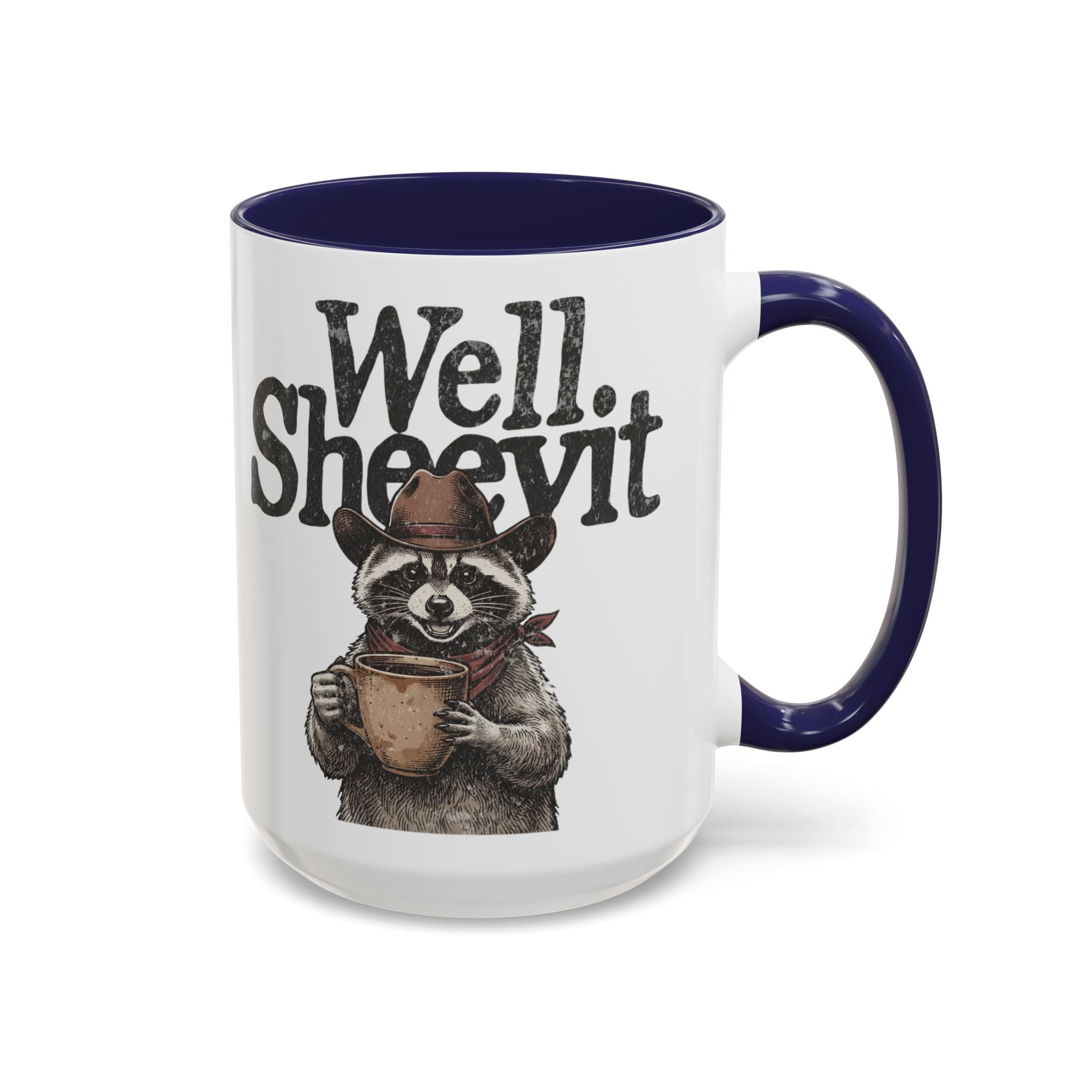 White ceramic mug with a dark blue rim and handle, featuring a raccoon wearing a cowboy hat.