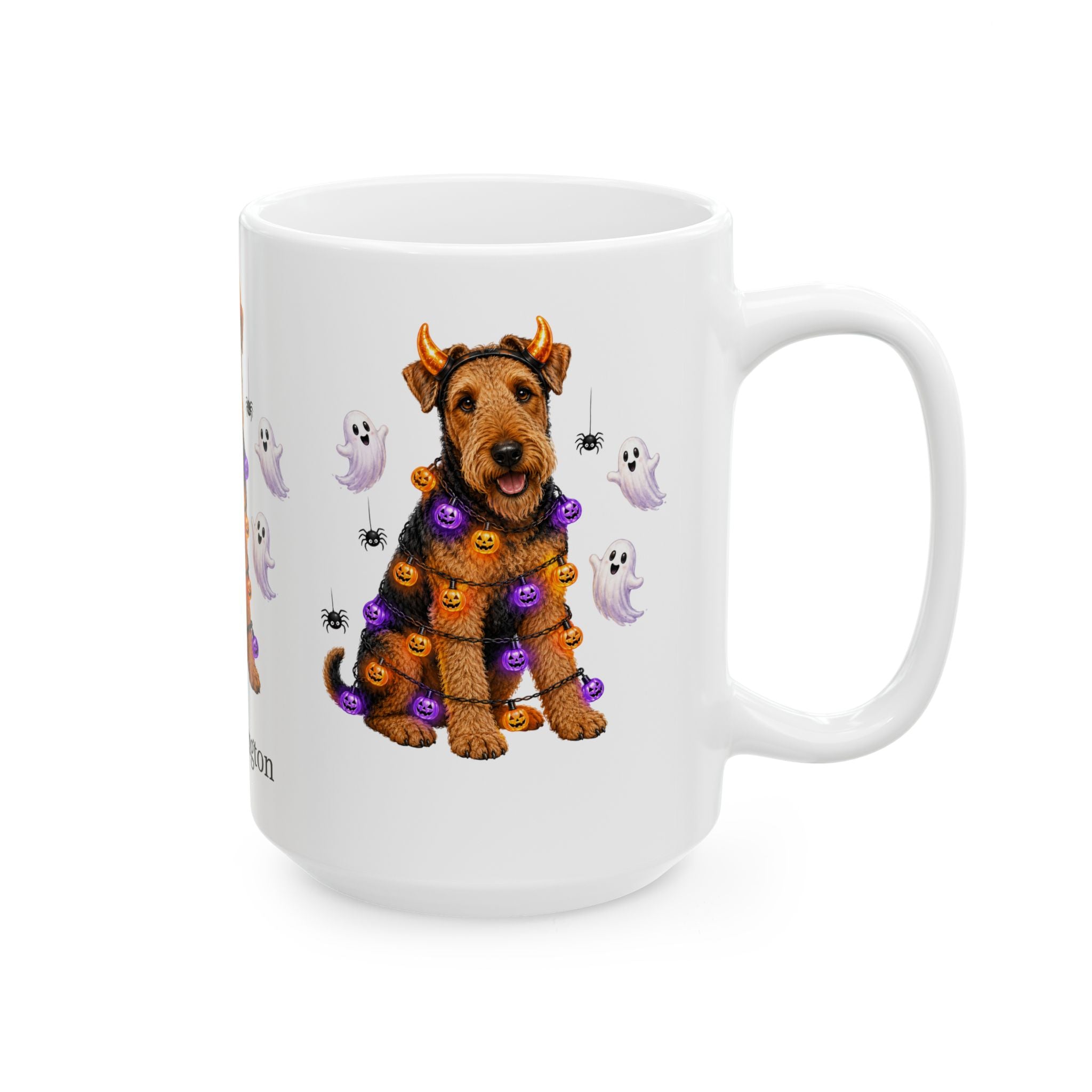 Close view of a Airedale Terrier dog Halloween mug personalized with a custom name — image 5