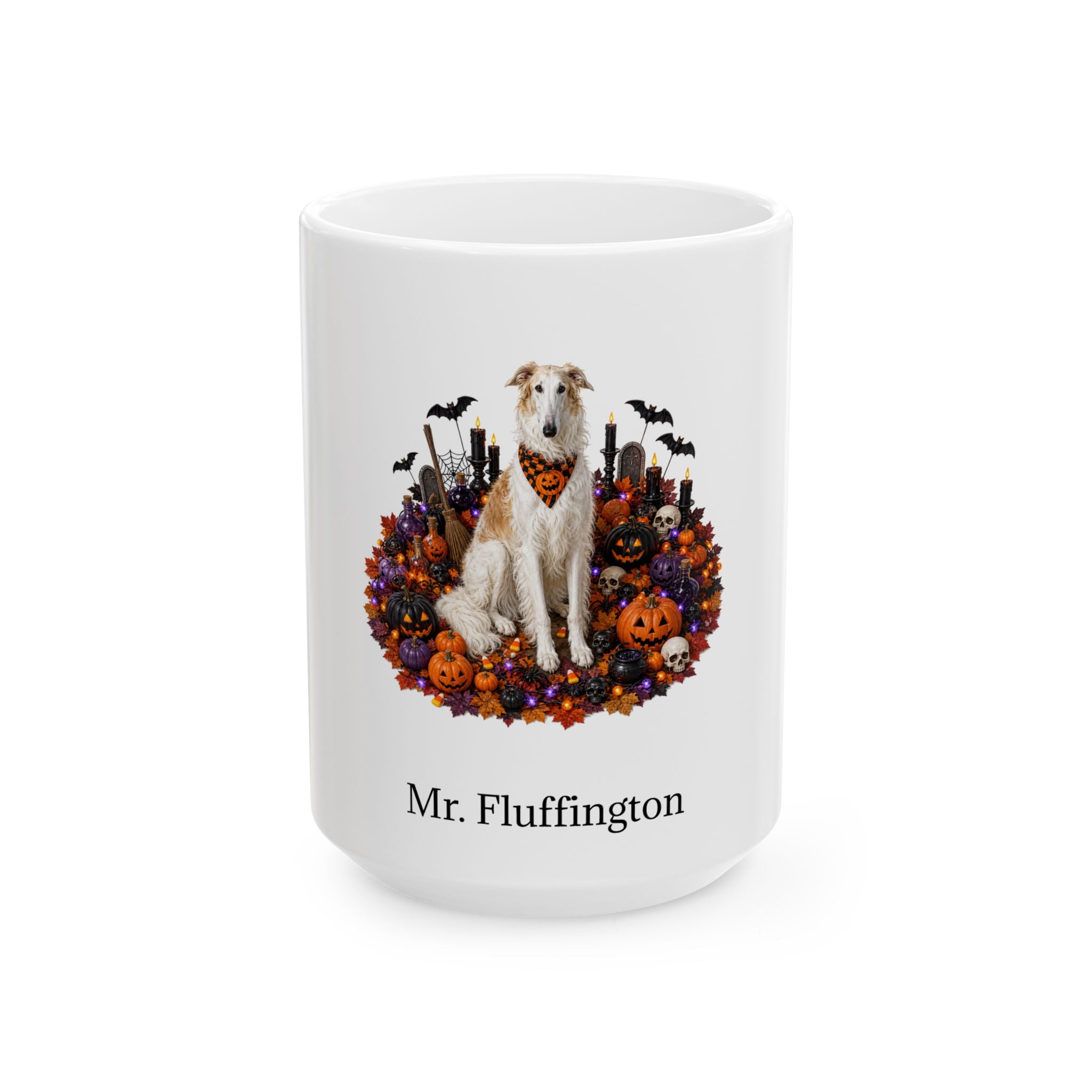 Personalized Borzoi dog Halloween mug, 15oz white ceramic, with custom pet name on front