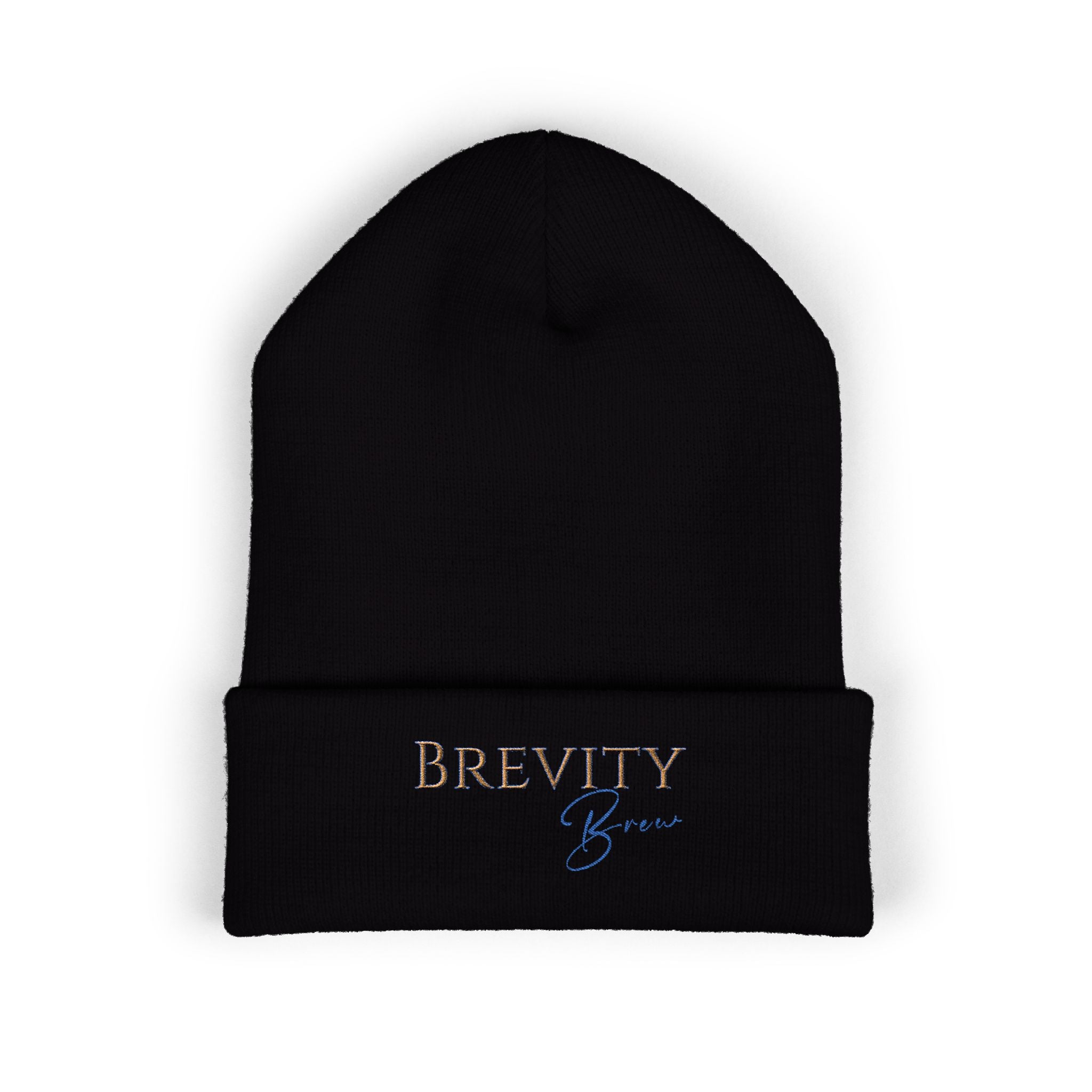 Black cuffed beanie with "Brevity Brew" embroidery.