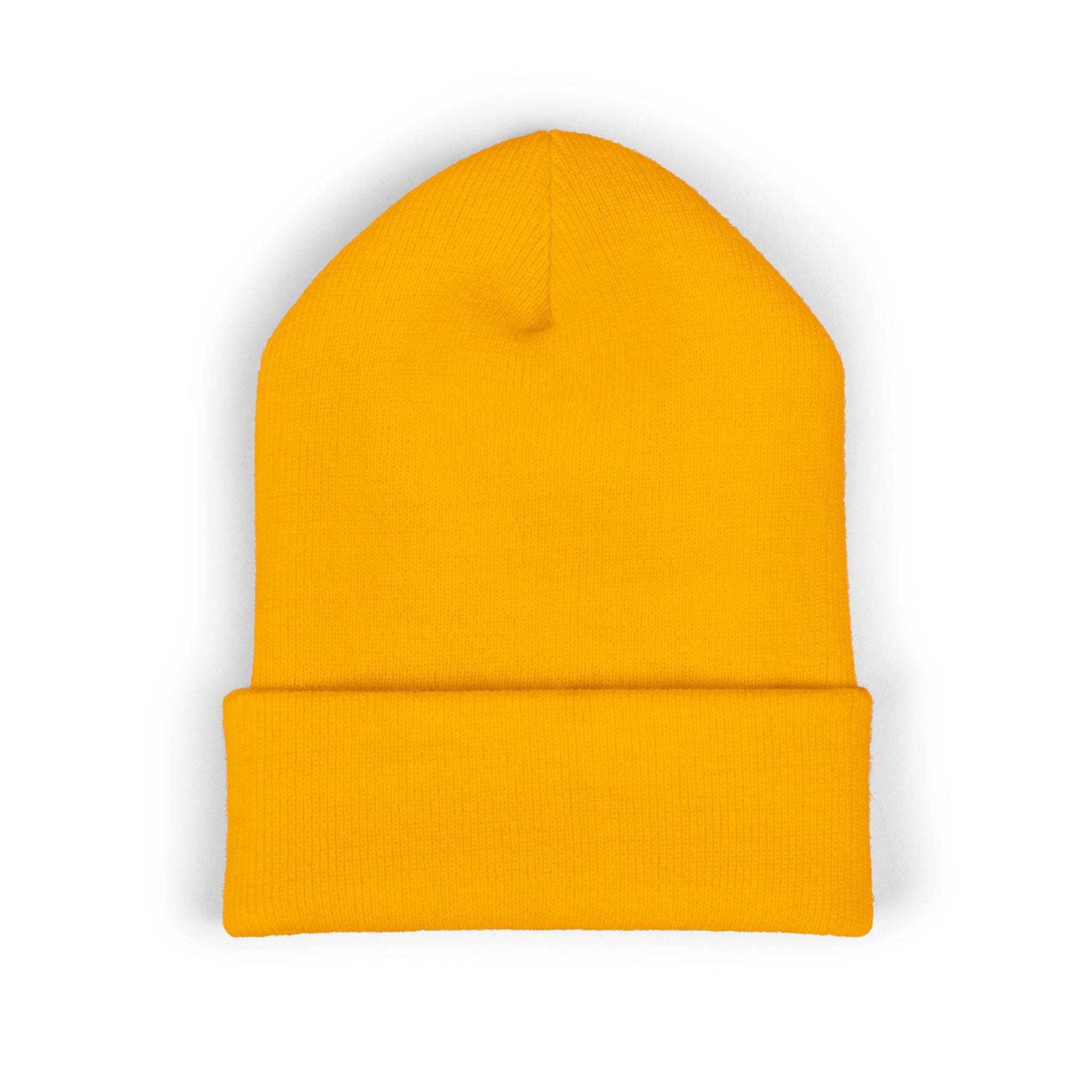 A bright yellow knit beanie with a folded cuff.