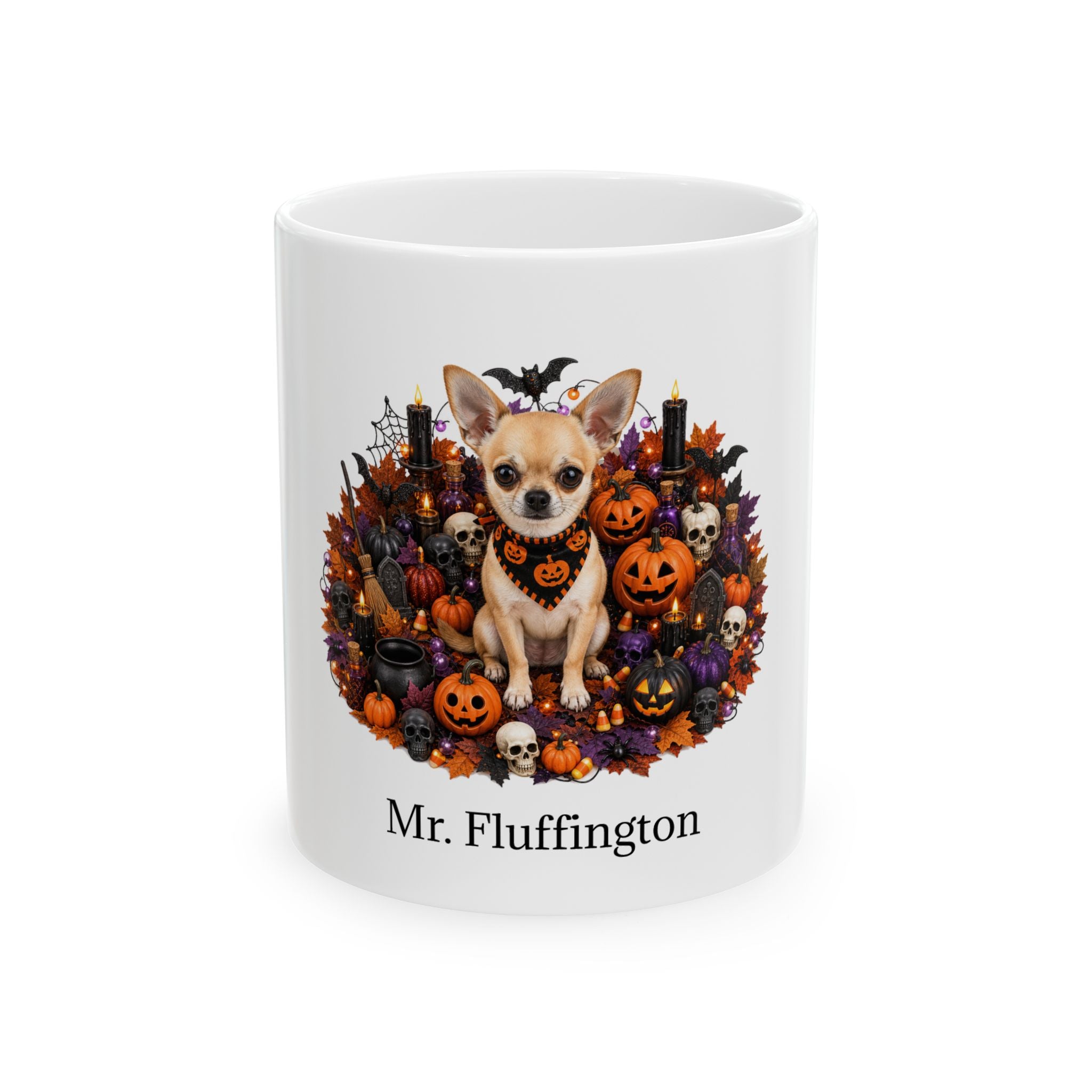 Personalized Chihuahua Halloween mug with custom dog name, front product view