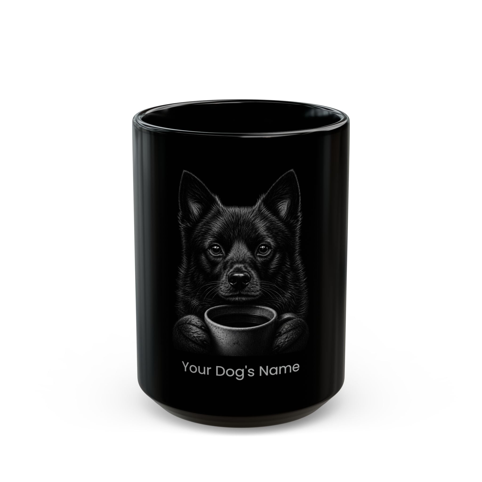 Personalized Schipperke black ceramic coffee mug with custom dog name