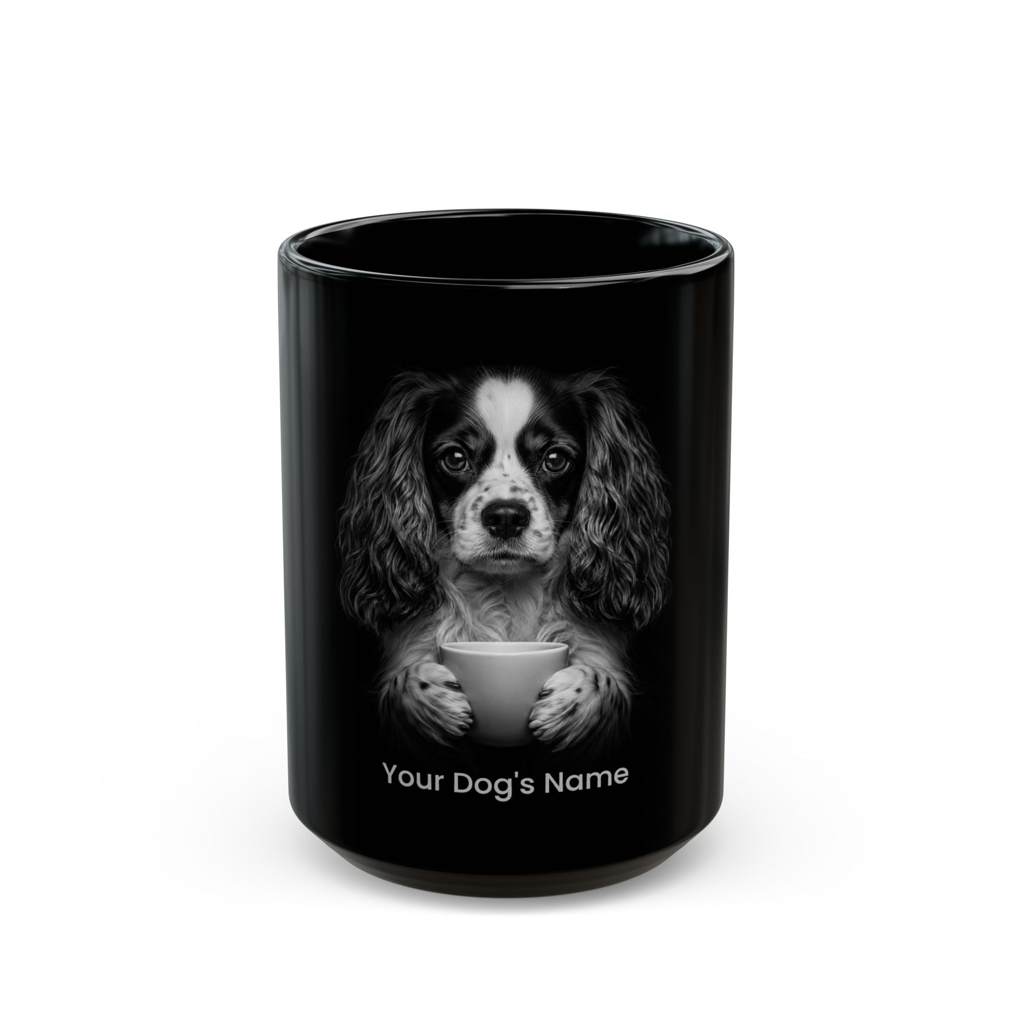 Personalized Saint-Usuge Spaniel black ceramic coffee mug with custom dog name
