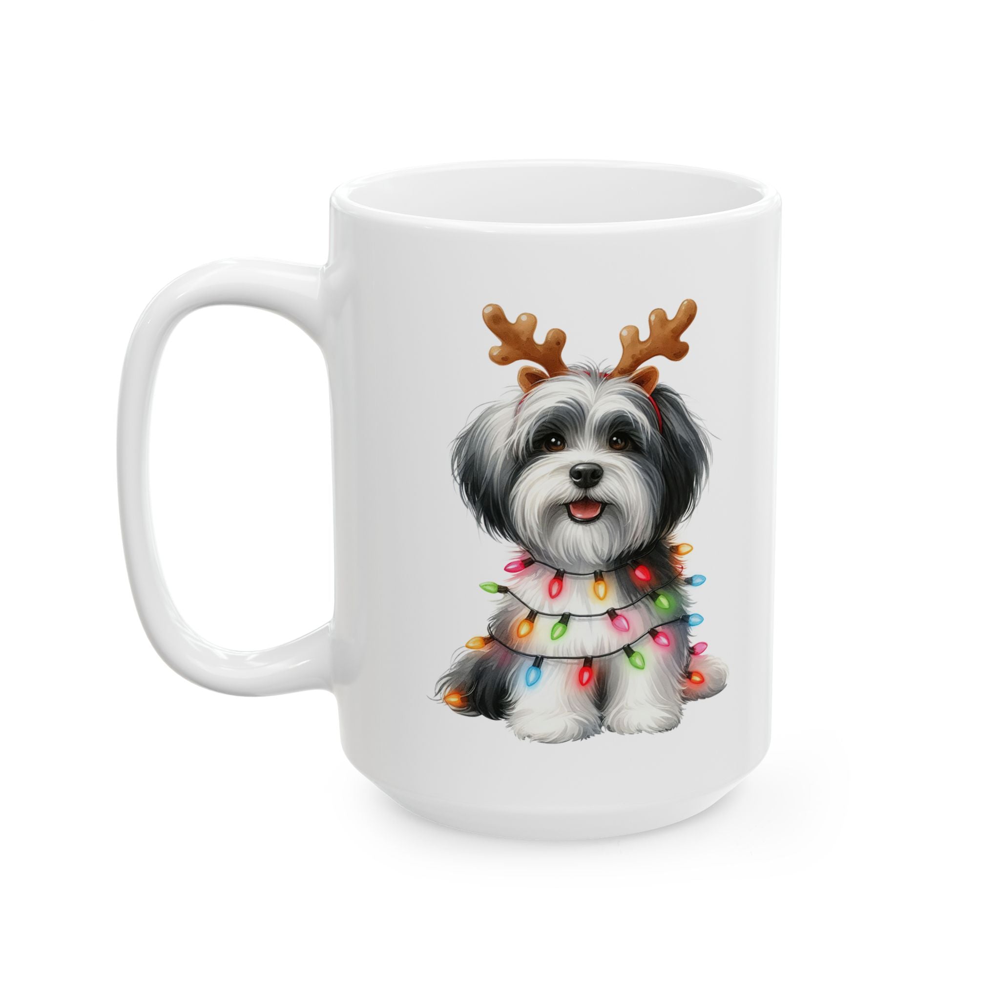 White ceramic mug with a Havanese dog wearing reindeer antlers and Christmas lights.