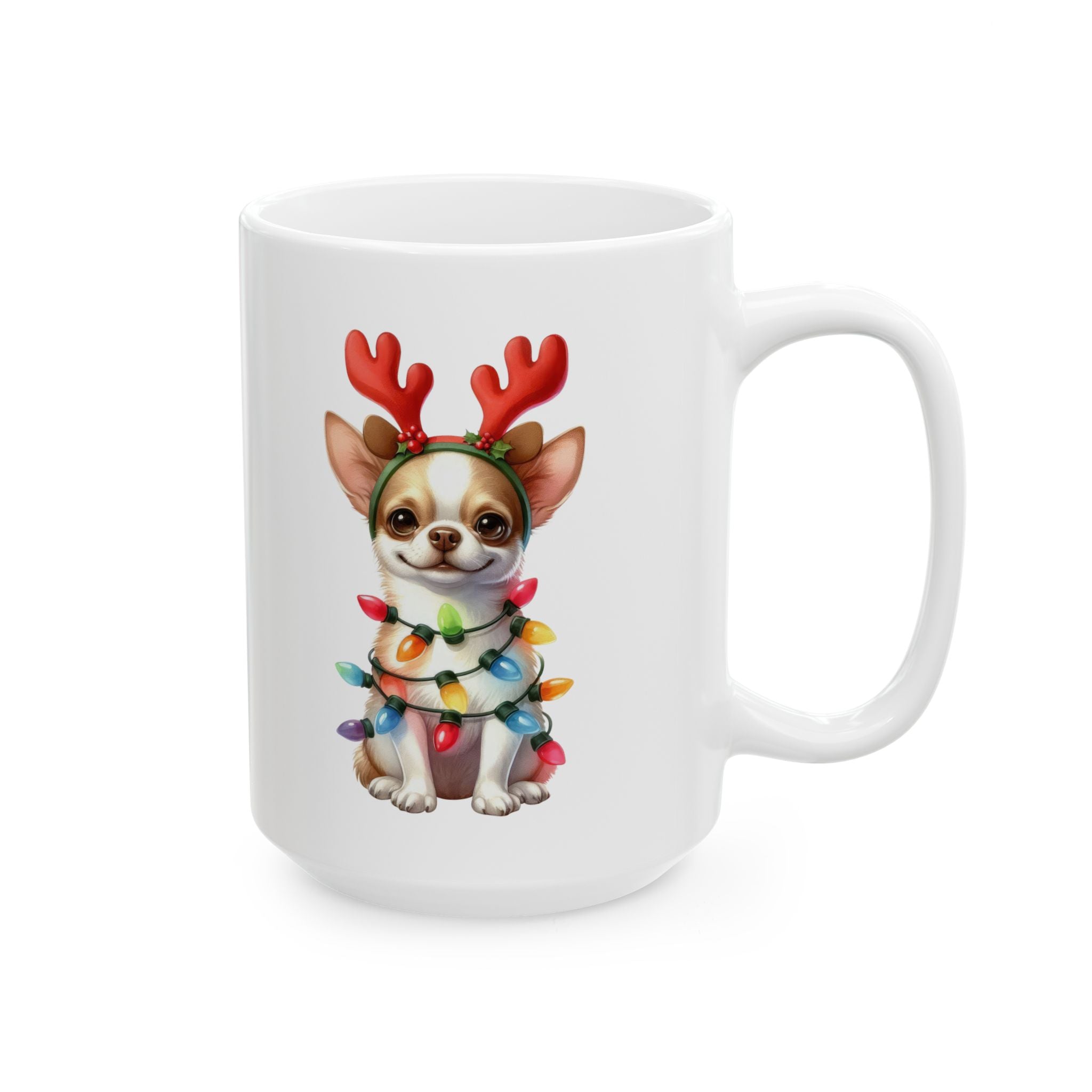 White ceramic mug featuring a chihuahua wearing reindeer antlers and Christmas lights.
