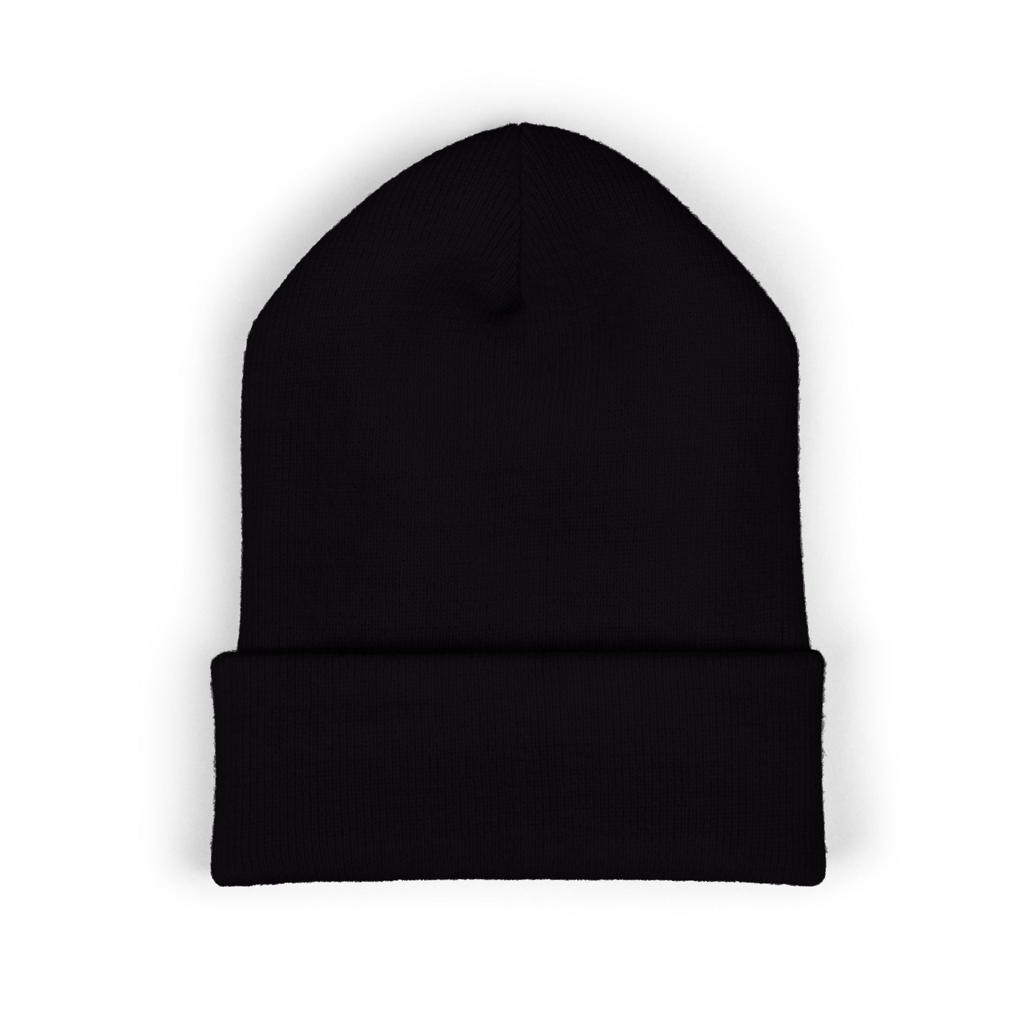 A black cuffed beanie is centered on a white background.