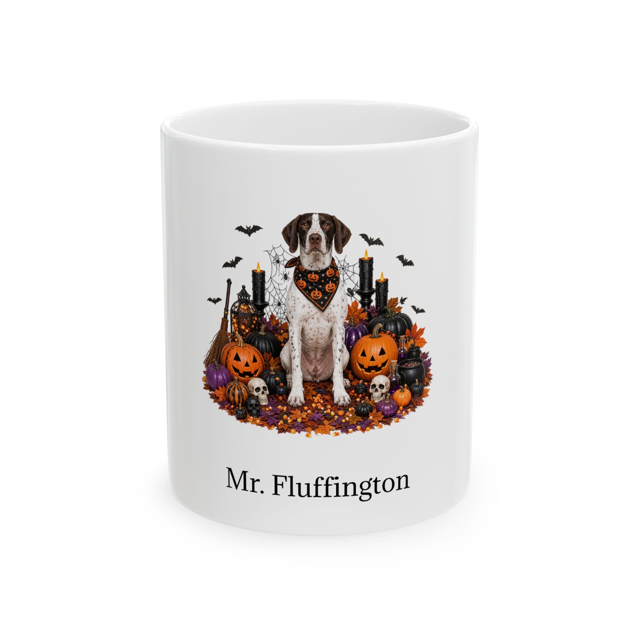 Personalized Pointer dog Halloween mug, 11oz white ceramic, with custom pet name on front