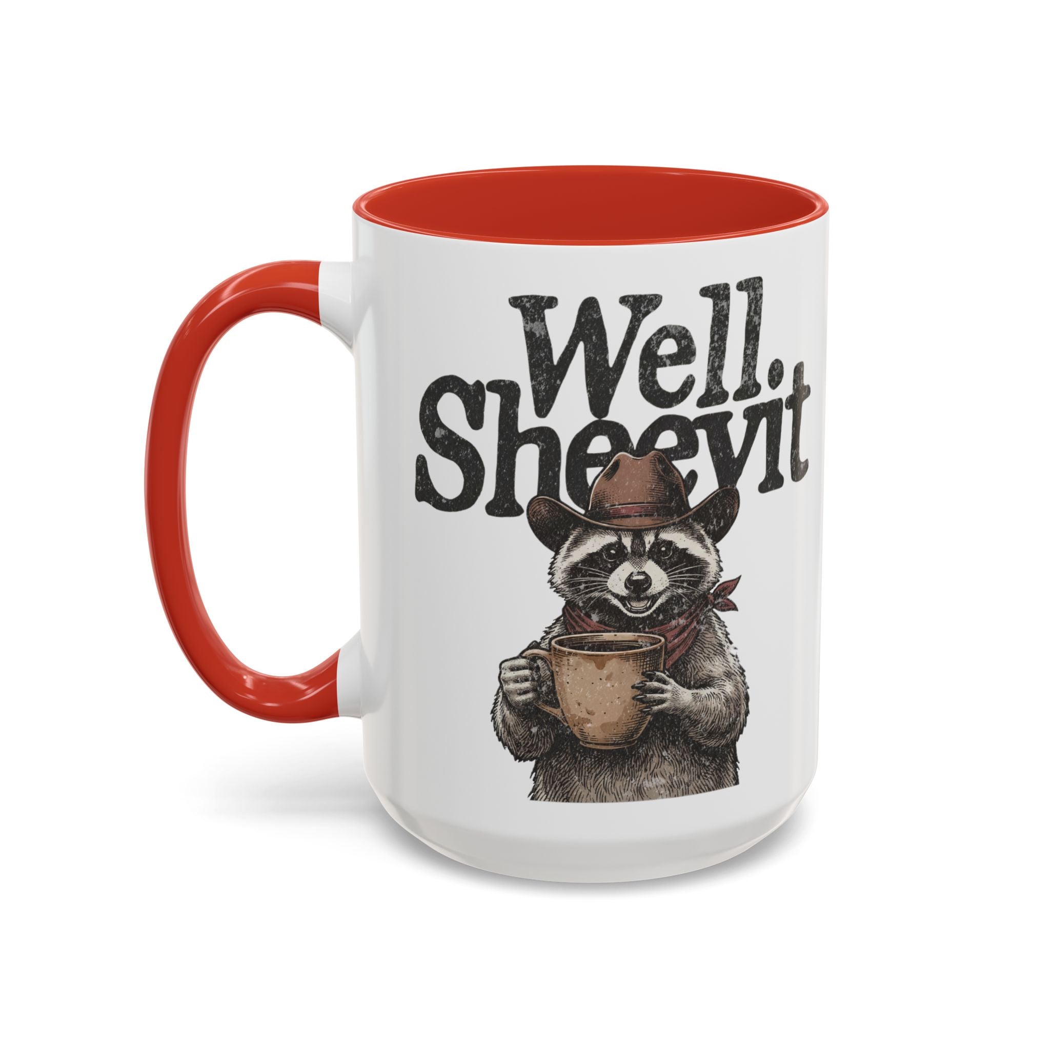 A white ceramic mug with a red handle and rim, featuring a raccoon in a cowboy hat holding a mug.