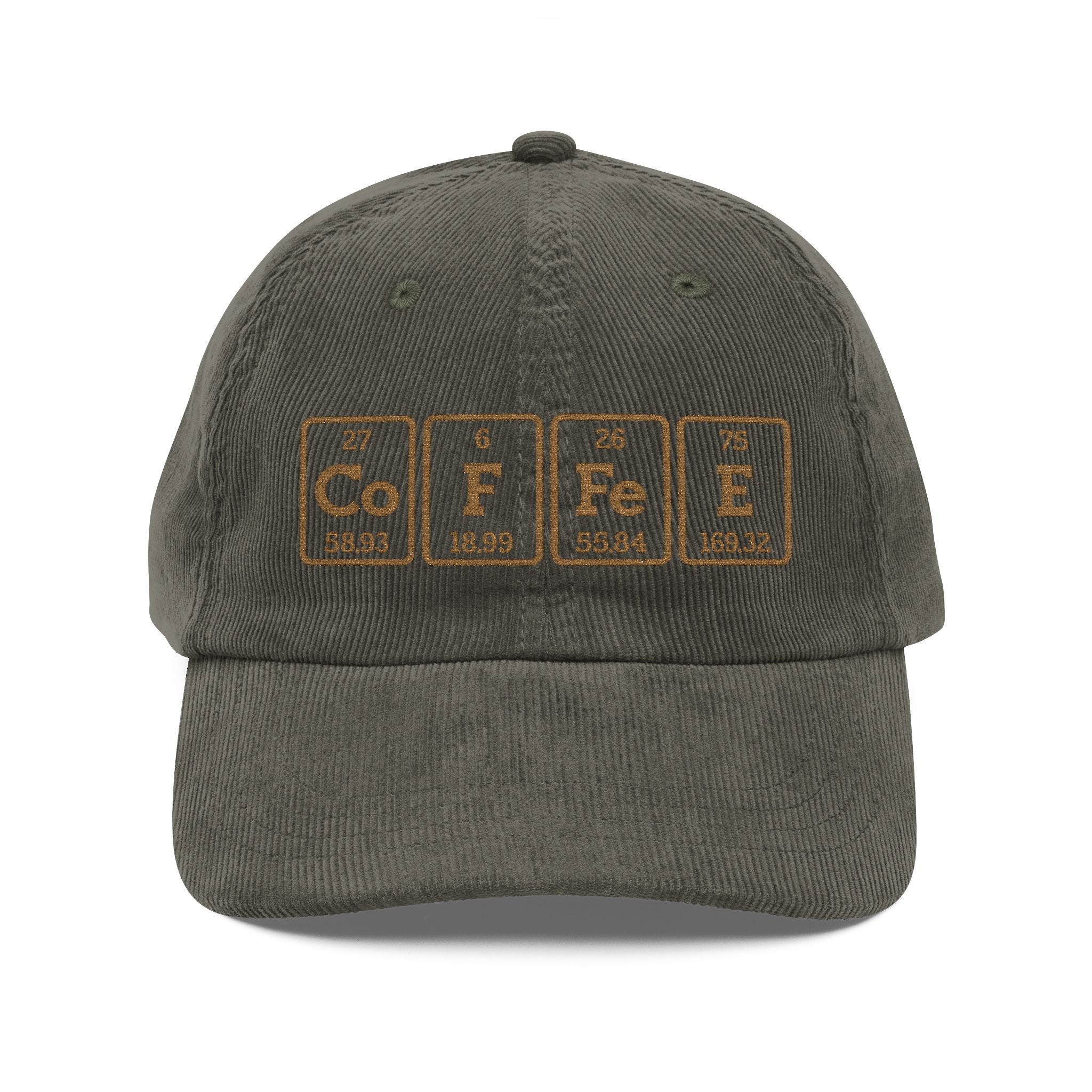 A dark grey corduroy baseball cap featuring an embroidered periodic table design spelling Coffee.