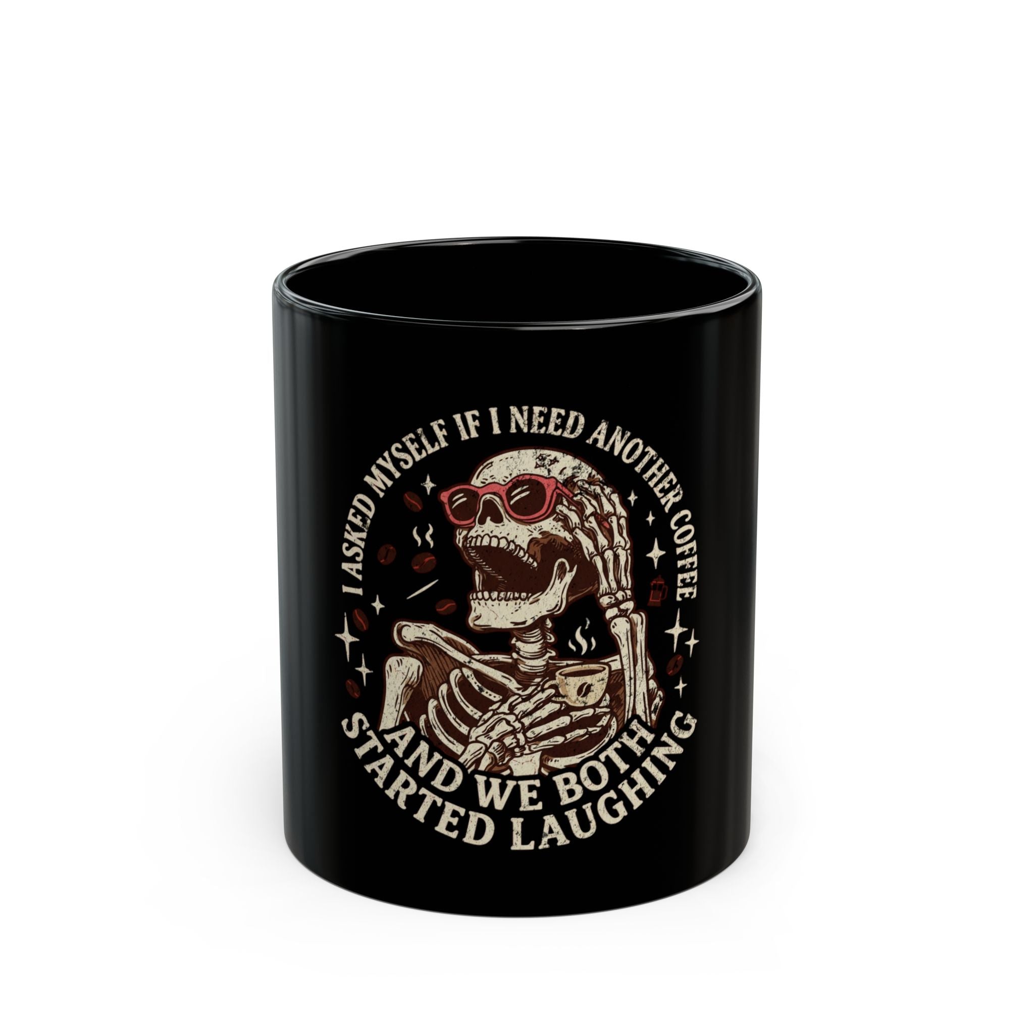 Black 11oz ceramic mug featuring a skeleton wearing sunglasses and holding a coffee cup.