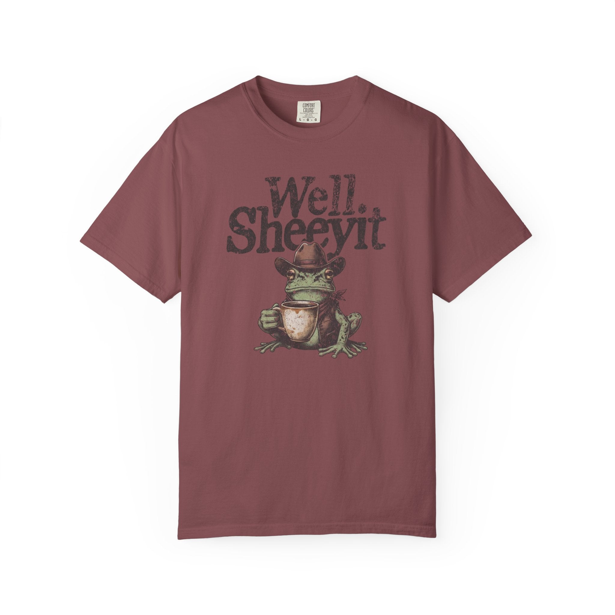Maroon unisex cotton t-shirt featuring a graphic of a cowboy frog holding a coffee mug.
