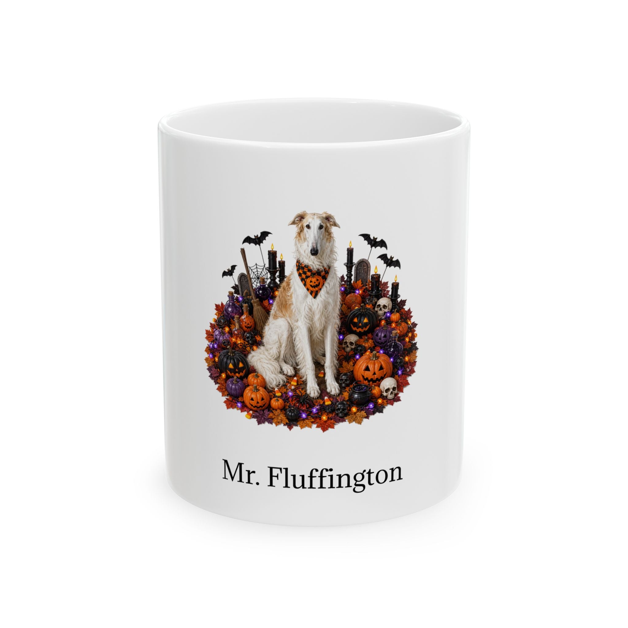 Personalized Borzoi dog Halloween mug, 11oz white ceramic, with custom pet name on front