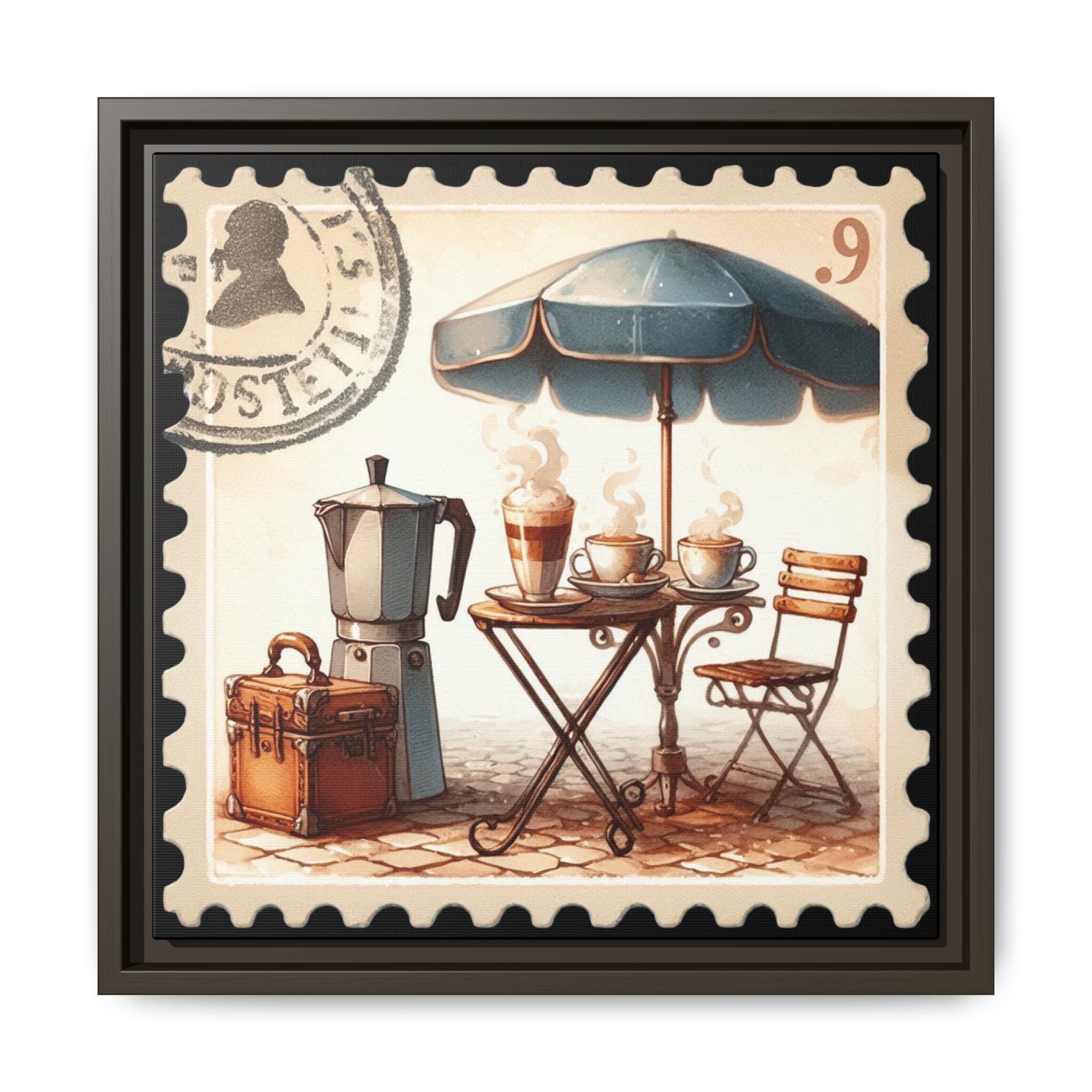 Vintage Coffee Stamp Framed Canvas Wall Art - 14x14 Cafe Decor