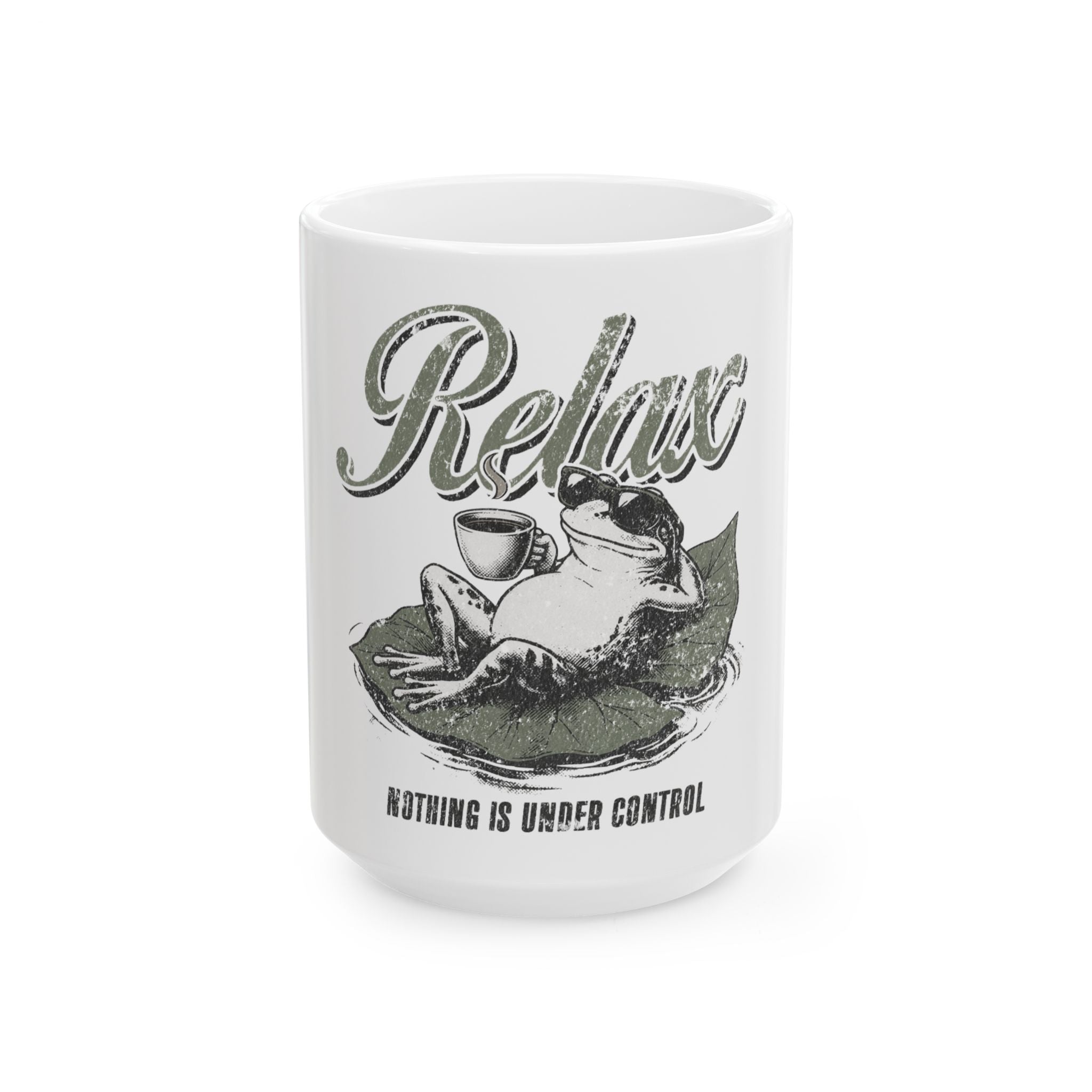 White ceramic mug featuring a graphic of a frog in sunglasses relaxing on a leaf with coffee.