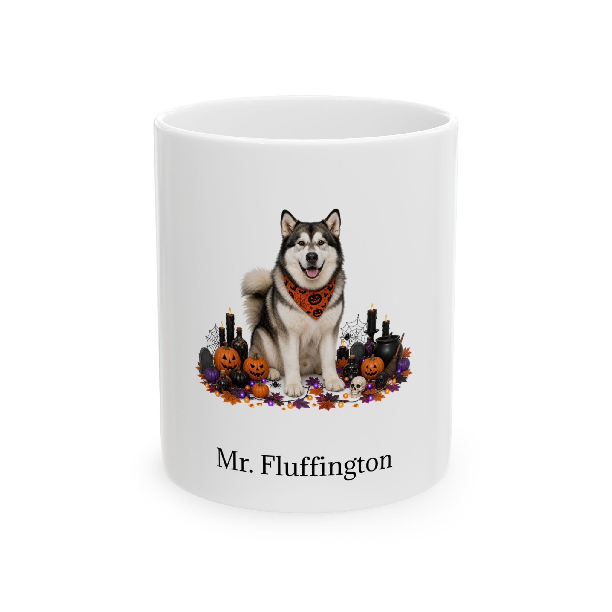 Personalized Malamute dog Halloween mug, 11oz white ceramic, with custom pet name on front