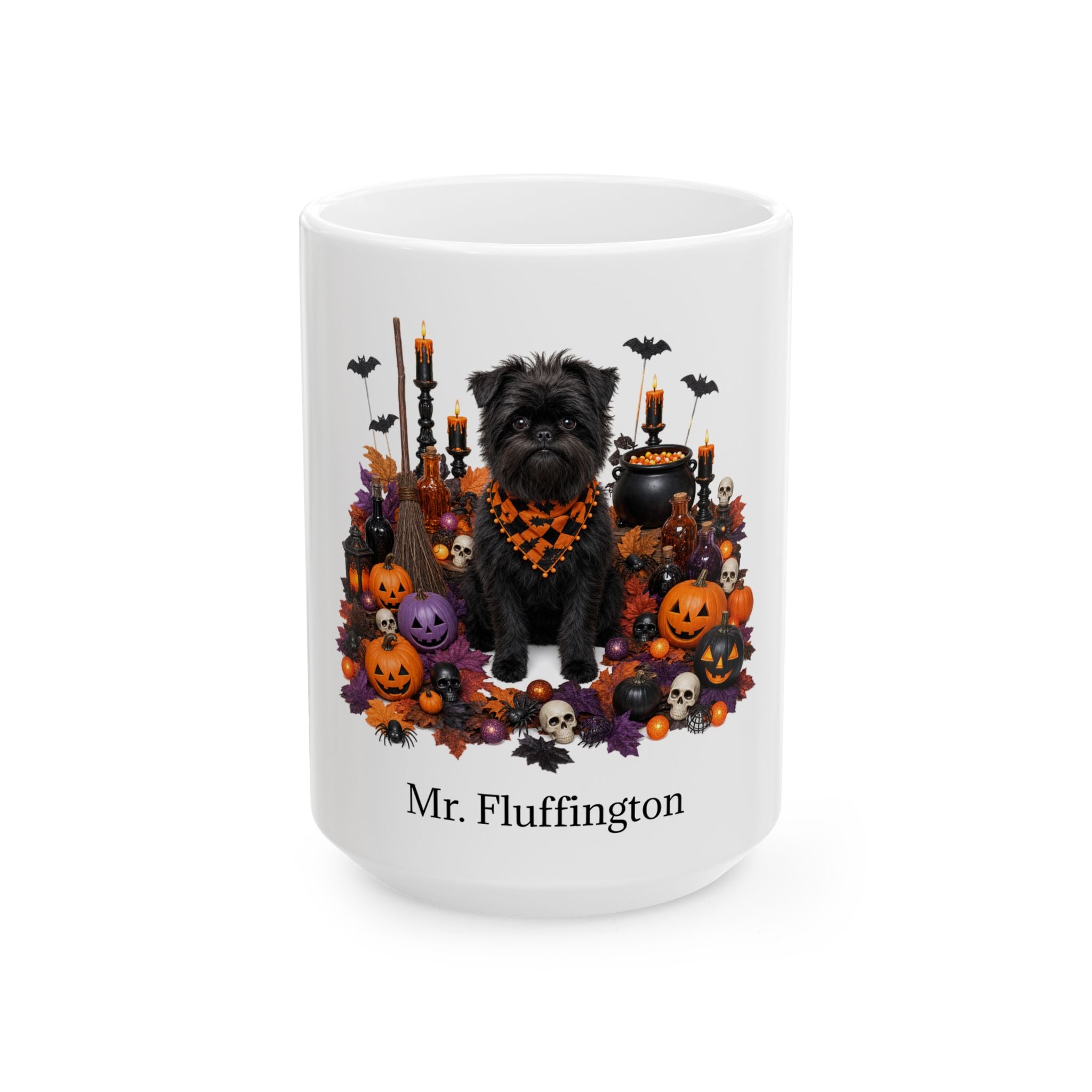Angled Affenpinscher dog Halloween mug with personalized pet name and fall design — image 3