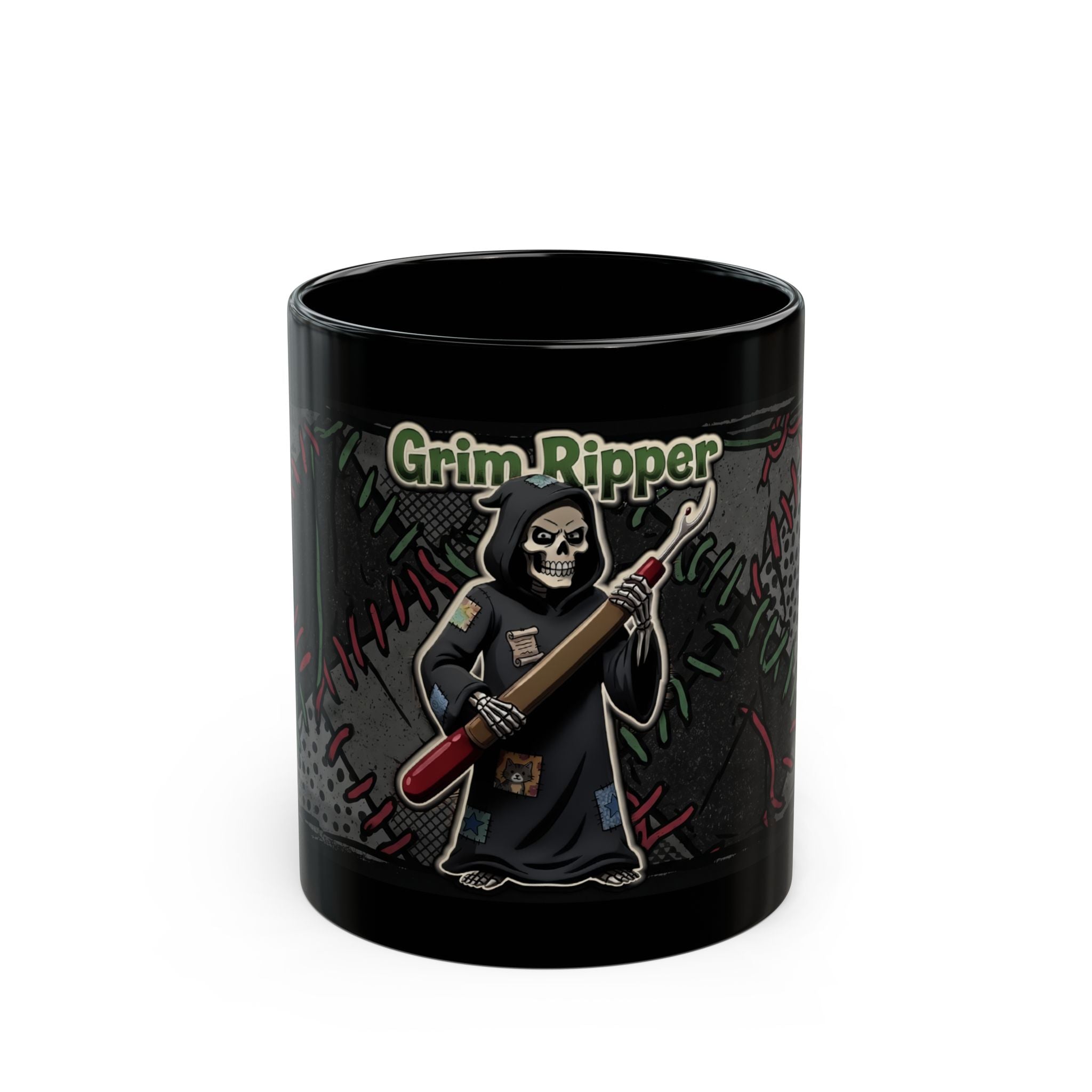 Black ceramic mug featuring a cartoon Grim Reaper holding a seam ripper with Grim Ripper text.