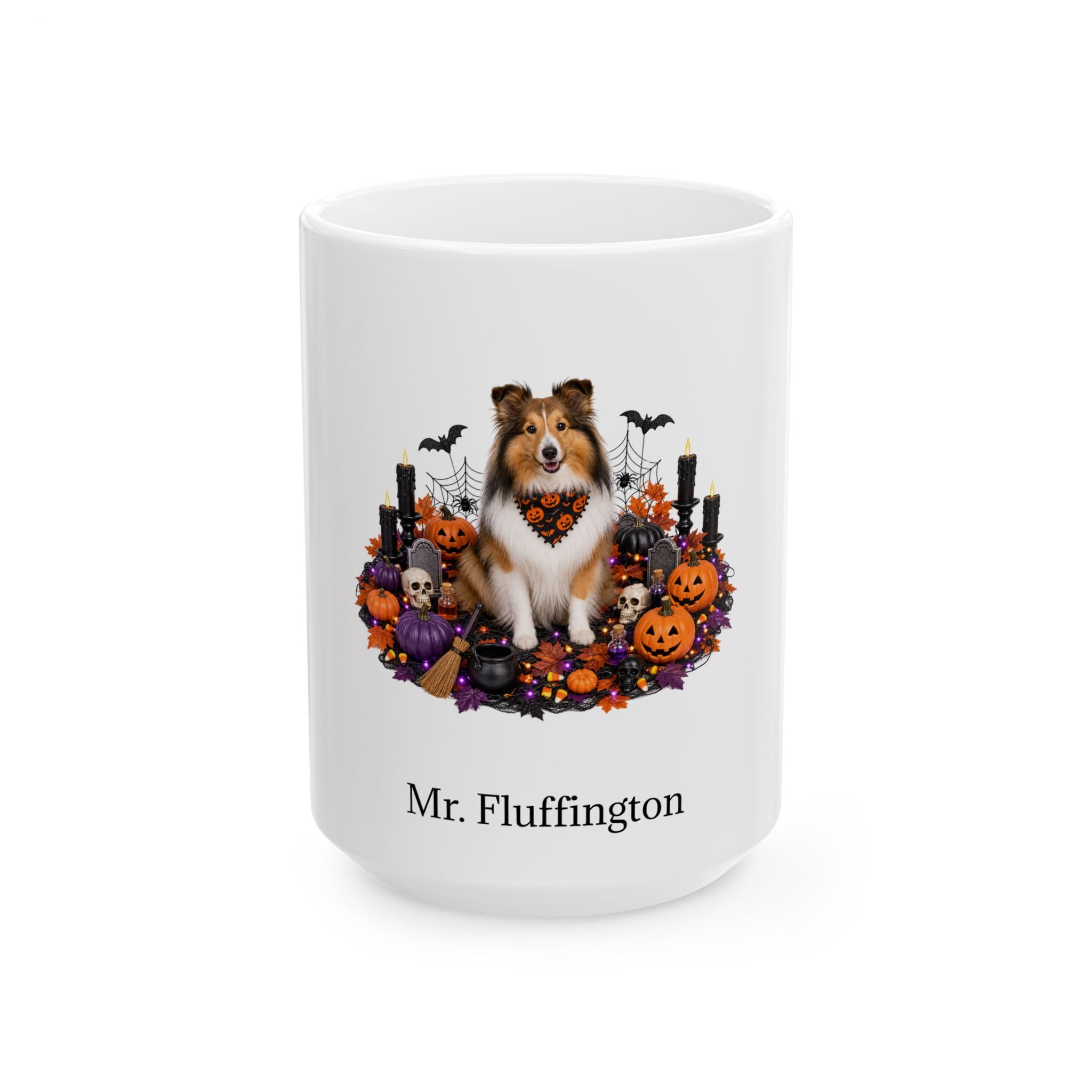 Personalized Shetland Sheepdog Halloween mug, 15oz white ceramic, with custom pet name on front