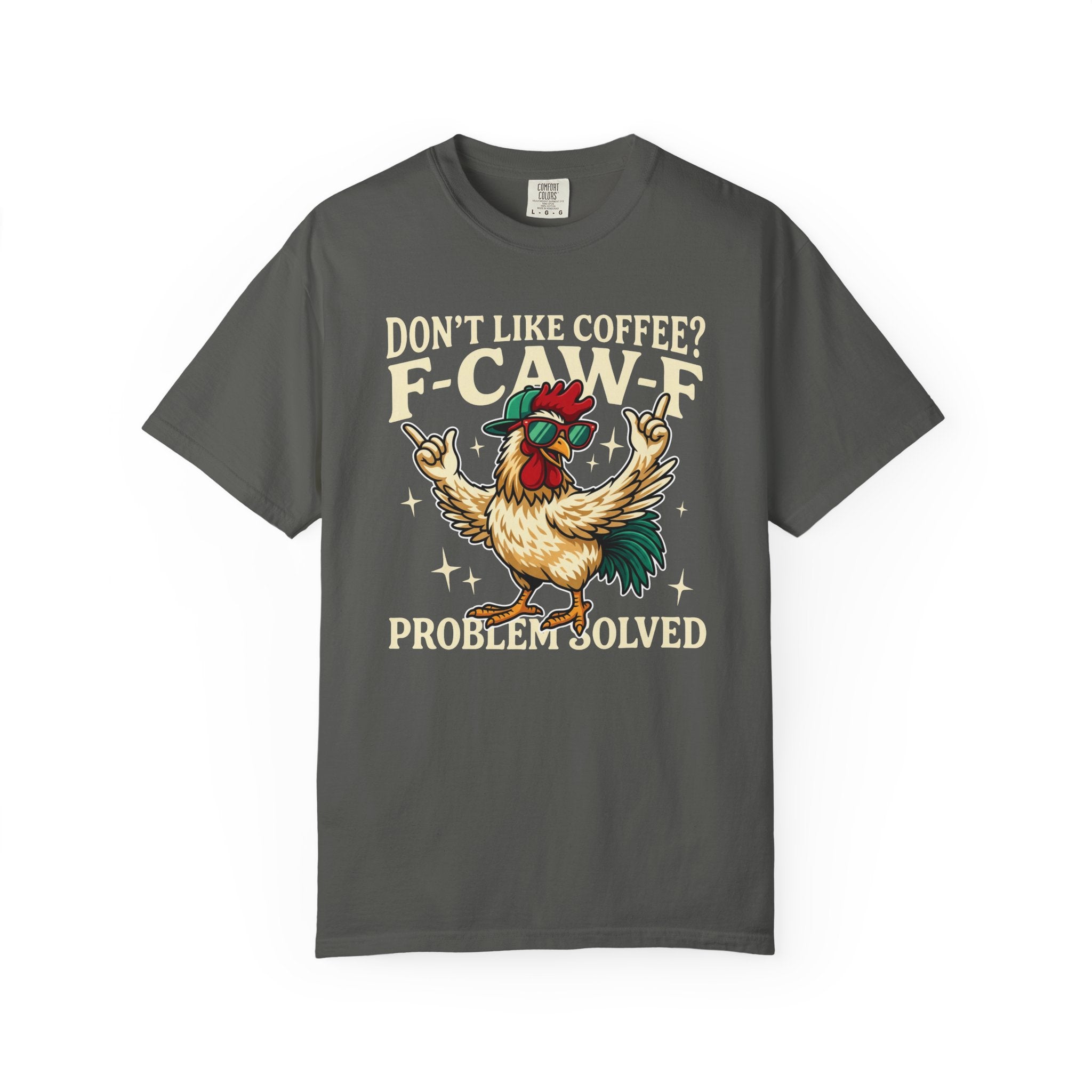 Charcoal grey crewneck t-shirt featuring a cartoon rooster wearing sunglasses and a cap.