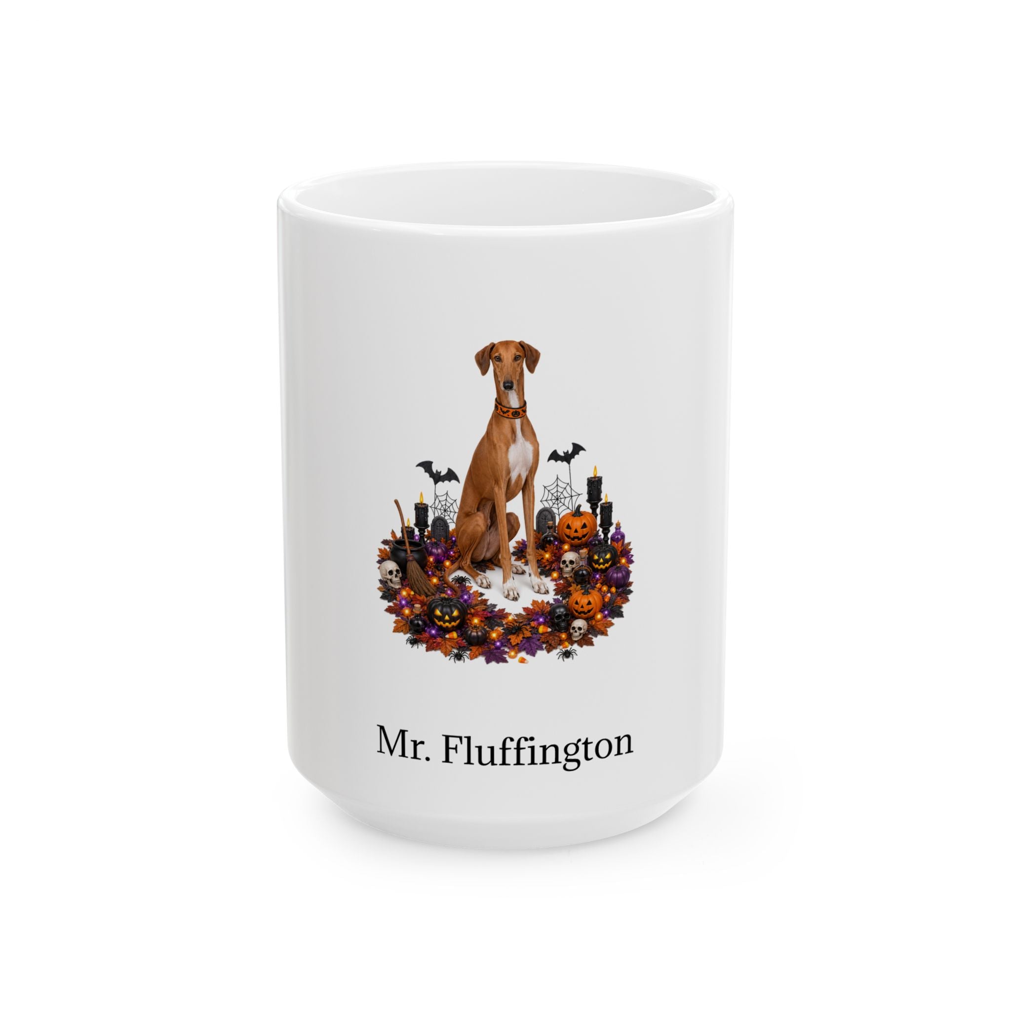 Personalized Azawakh dog Halloween mug, 15oz white ceramic, with custom pet name on front
