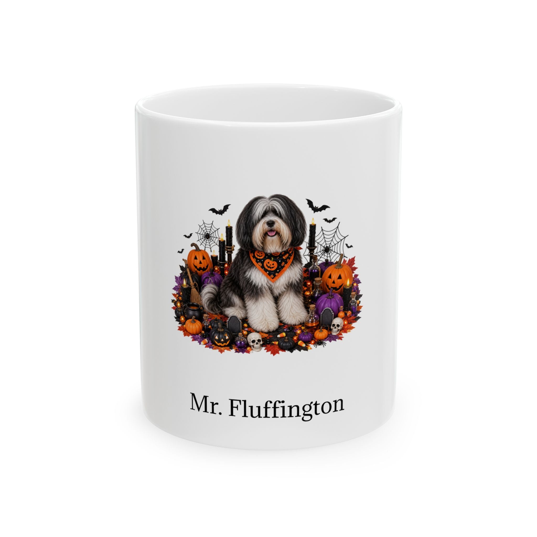 Personalized Tibetan Terrier dog Halloween mug, 11oz white ceramic, with custom pet name on front