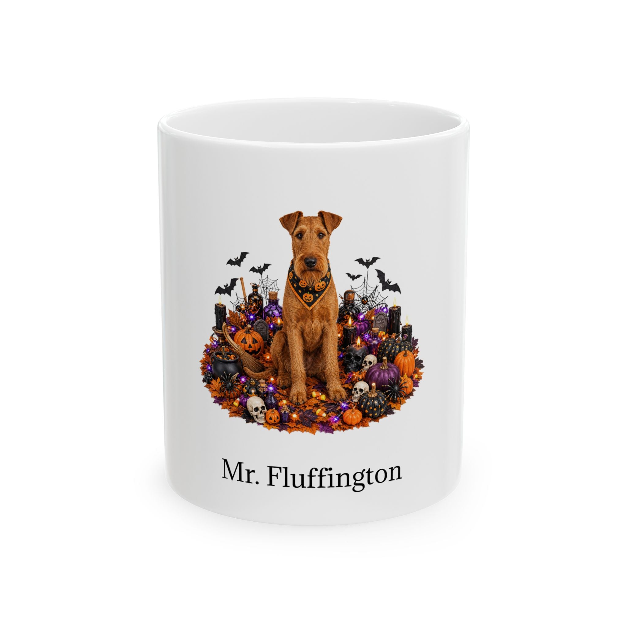 Personalized Irish Terrier dog Halloween mug, 11oz white ceramic, with custom pet name on front