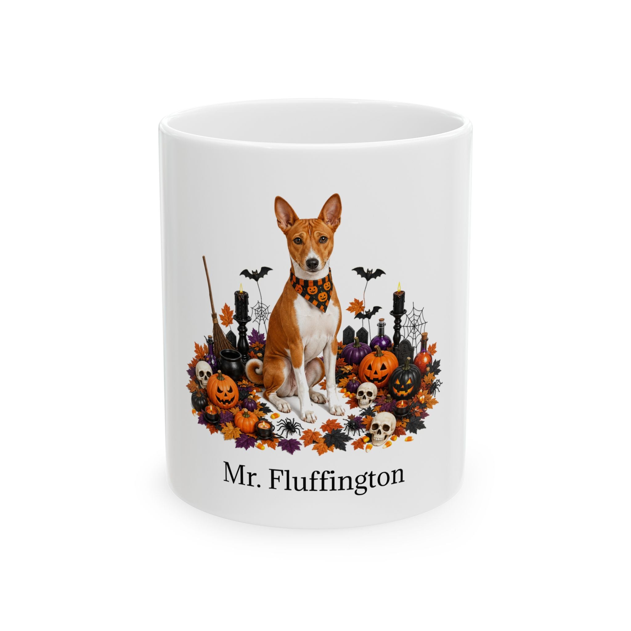 Personalized Basenji dog ceramic coffee mug with Halloween artwork and custom name — image 2