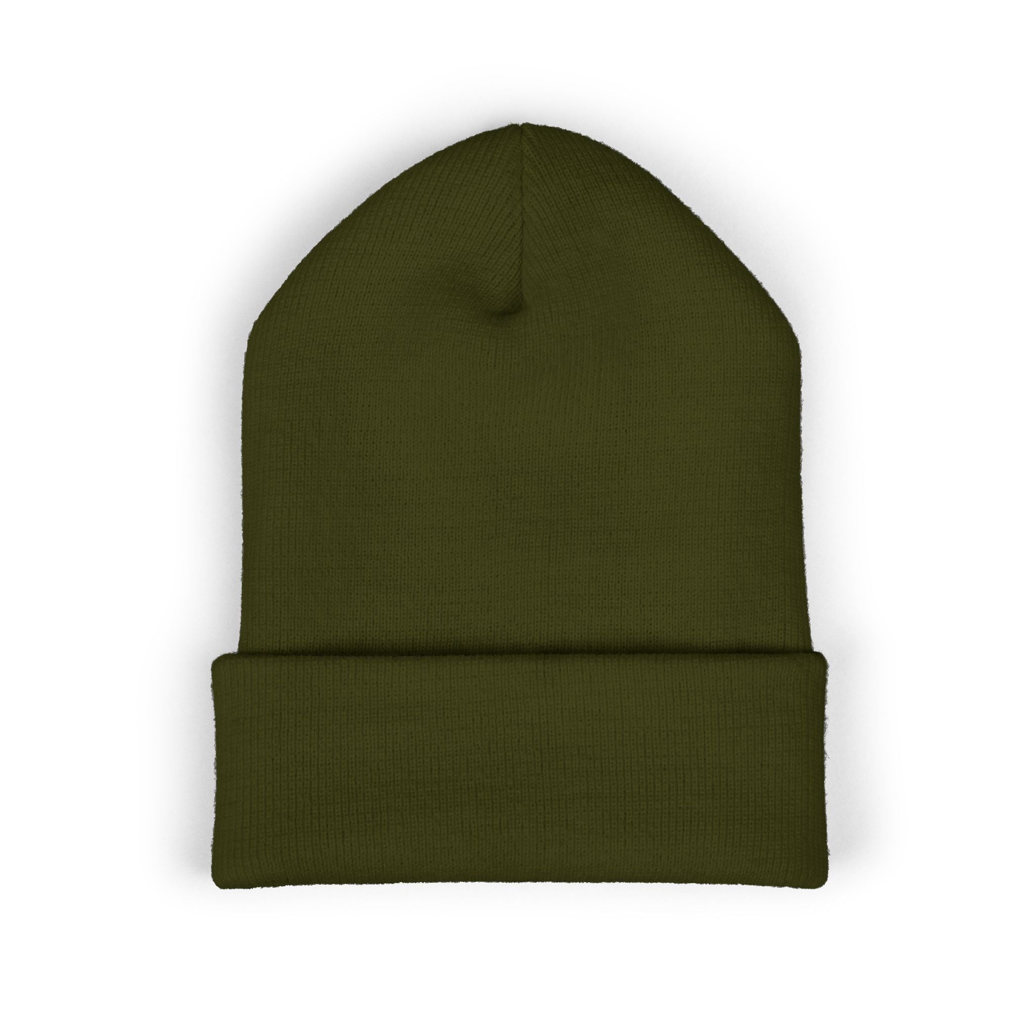 A dark green cuffed knit beanie hat.